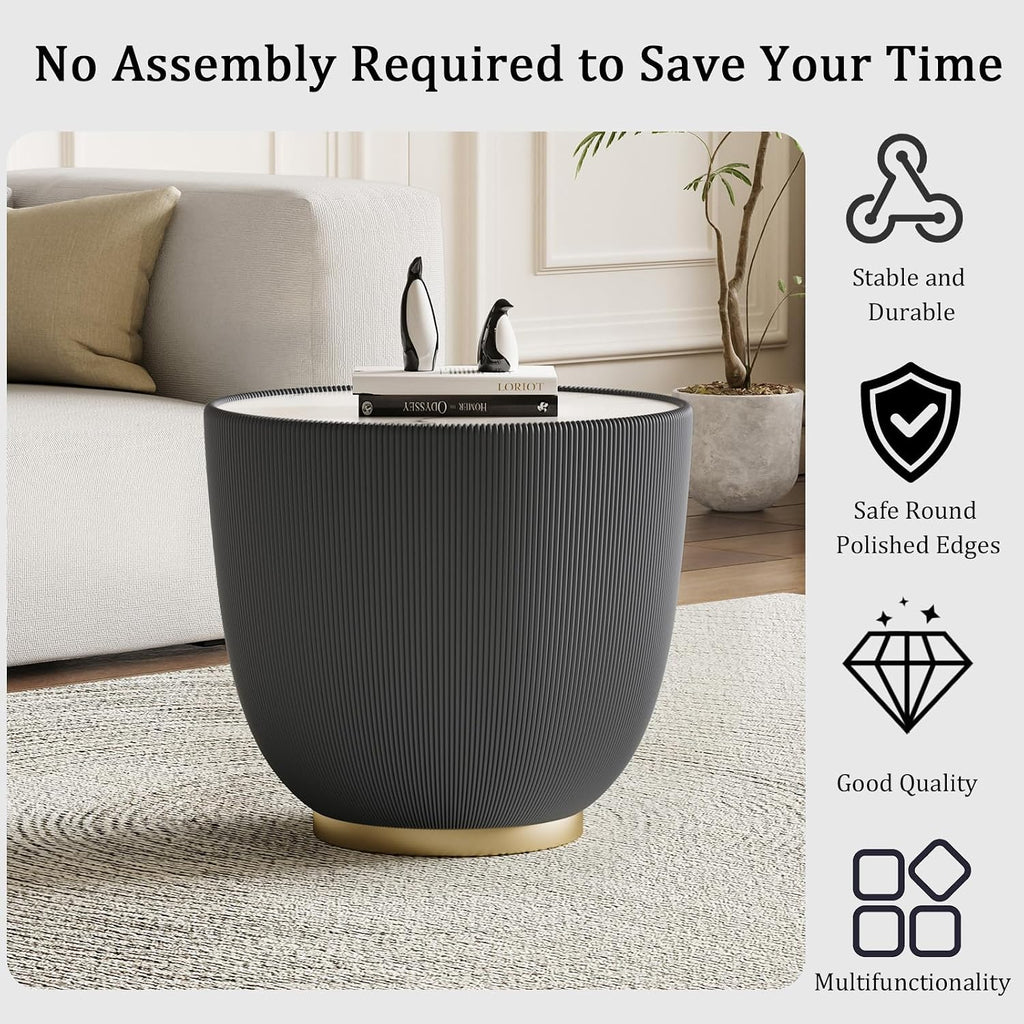 Round Coffee Table Set with Sintered Stone Tabletop, 27.56' Grey Drum Center Table and 19.69' Grey Coffee Table Set, 2 Pieces Living Room Table Set with Fluted PU Leather Cover& Metal Base