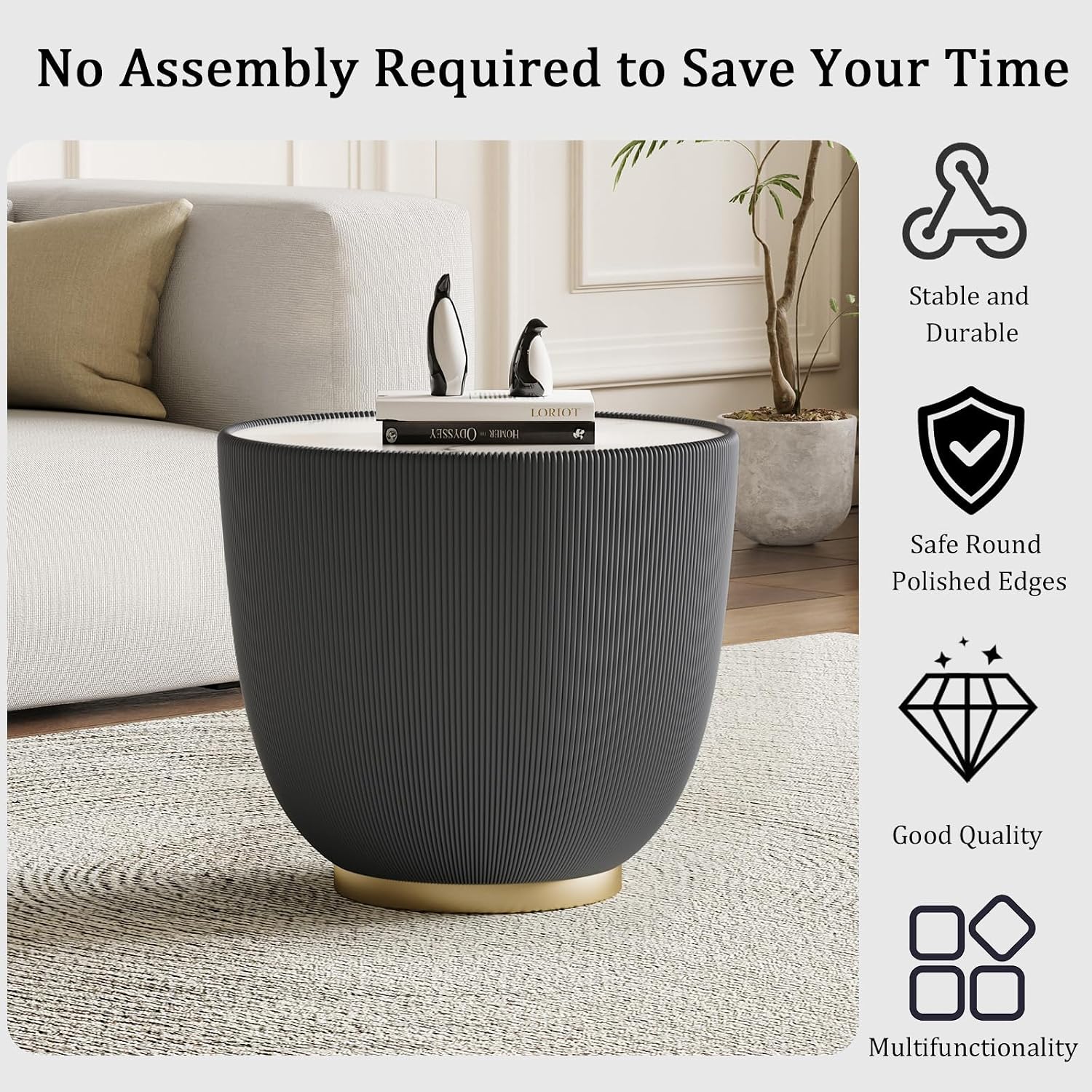 Round Coffee Table Set with Sintered Stone Tabletop, 27.56' Grey Drum Center Table and 19.69' Grey Coffee Table Set, 2 Pieces Living Room Table Set with Fluted PU Leather Cover& Metal Base