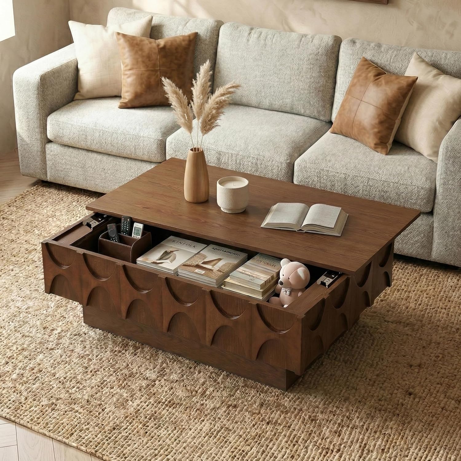LKTART Coffee Table with Slide-Top Storage, Mid Century Modern Coffee Table with Solid Wood Veneer & Large Hidden Compartment, Wood Center Table for Living Room, Home Office, Walnut