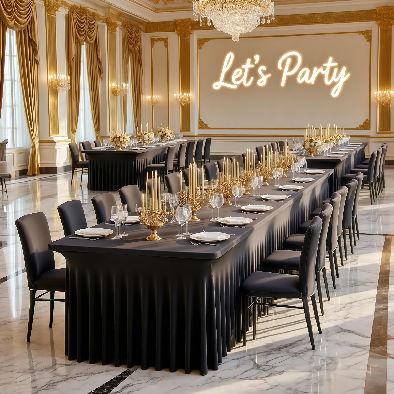6 Pack Black Spandex Fitted Tablecloth 8 Foot - Stretch Table Clothes for 8 FT Rectangle Table, Washable Ruffles Elastic for Weddings, Buffet, Banquet, Trade Craft Show, Party Celebration
