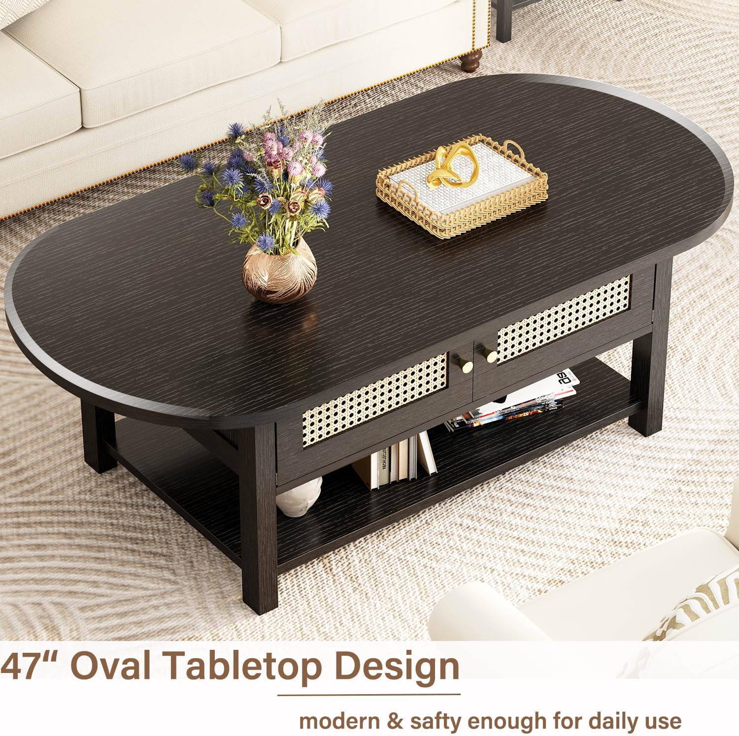 LVB Rattan Coffee Table, Boho Wood Living Room Table with Storage, Oval Modern 2-Tier Cocktail Tea Table with Doors & Open Shelf, Farmhouse Vintage Center Tables for Bedroom Office, Black Oak, 47In