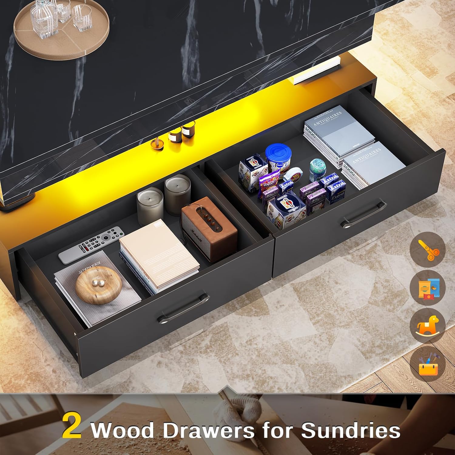 SEDETA 40' Lift Top Coffee Table, Coffee Tables with Storage for Living Room, Small Coffee Table with 2 Drawers & LED Light for Dining Reception Room, Black Marble
