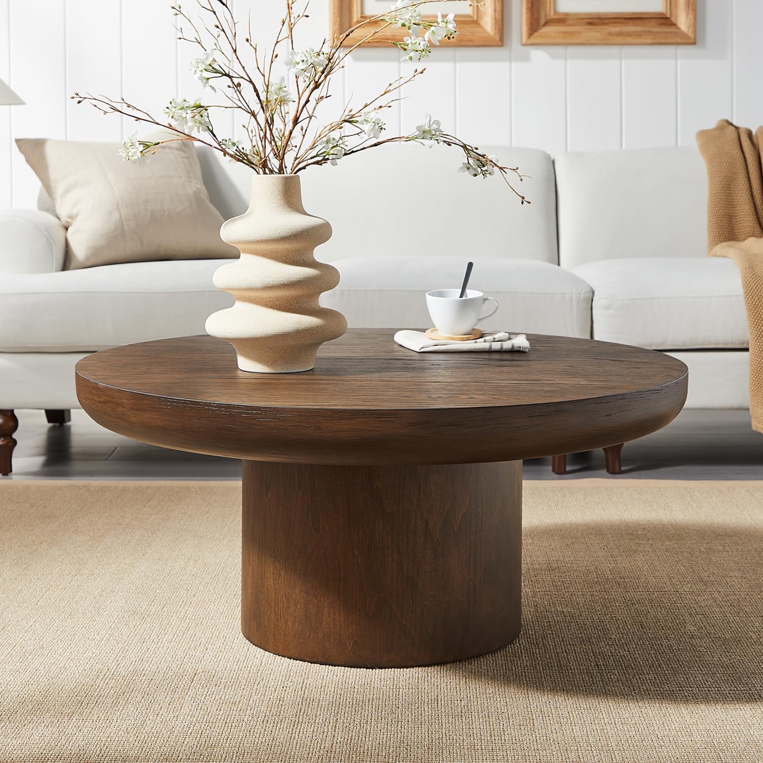 JUSTONE 35.98' Round Coffee Table for Living Room,Rustic Natural Coffee Table for Apartment, Easy Assembly (Dark Brown,36' Dx36 Wx16 H)