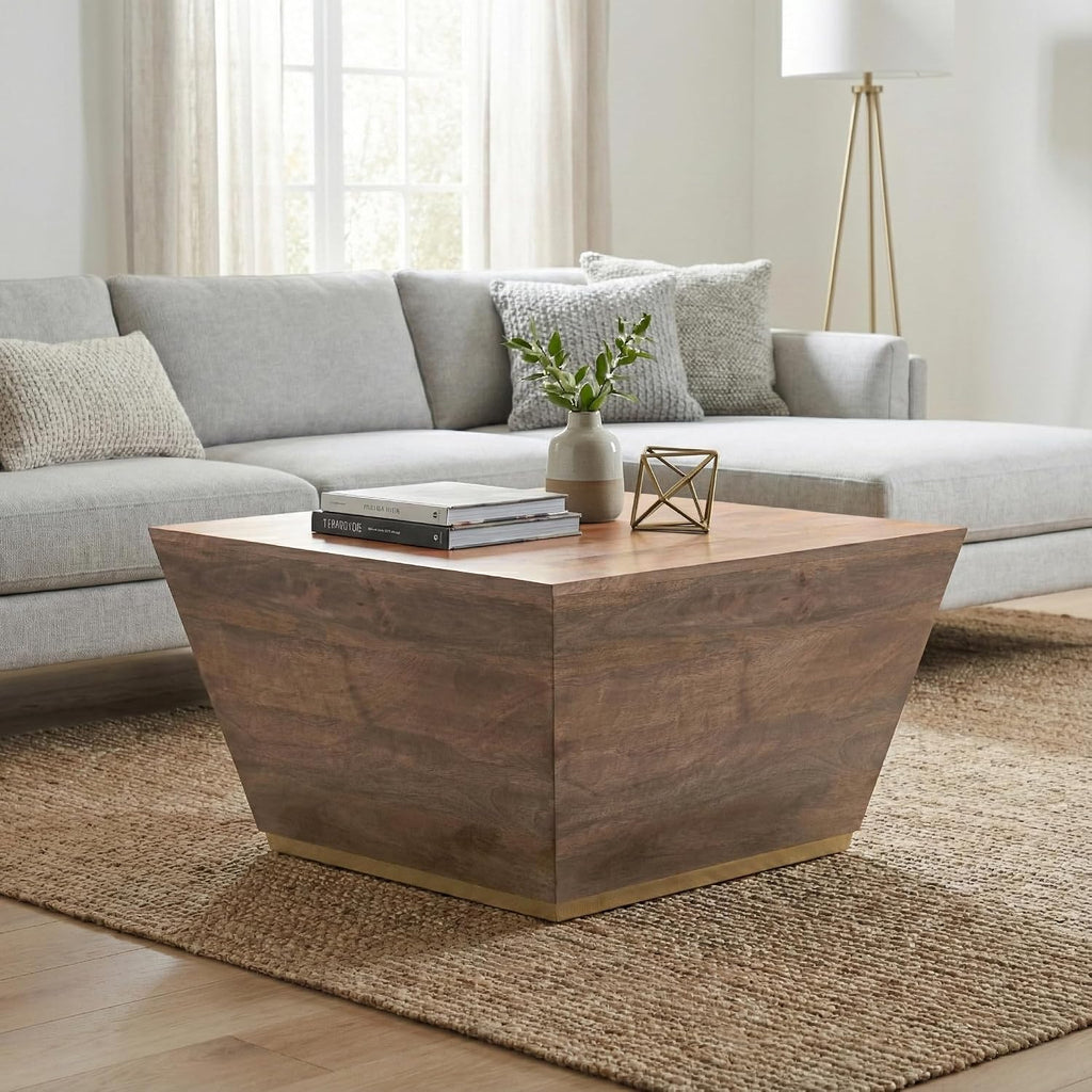 SIMPLIHOME Abba Square Coffee Table - 28 inch Wide Solid Mango Wood Modern Cocktail Table in Acacia Brown, Contemporary Table for Living Room with Low Profile Block Design, Assembled
