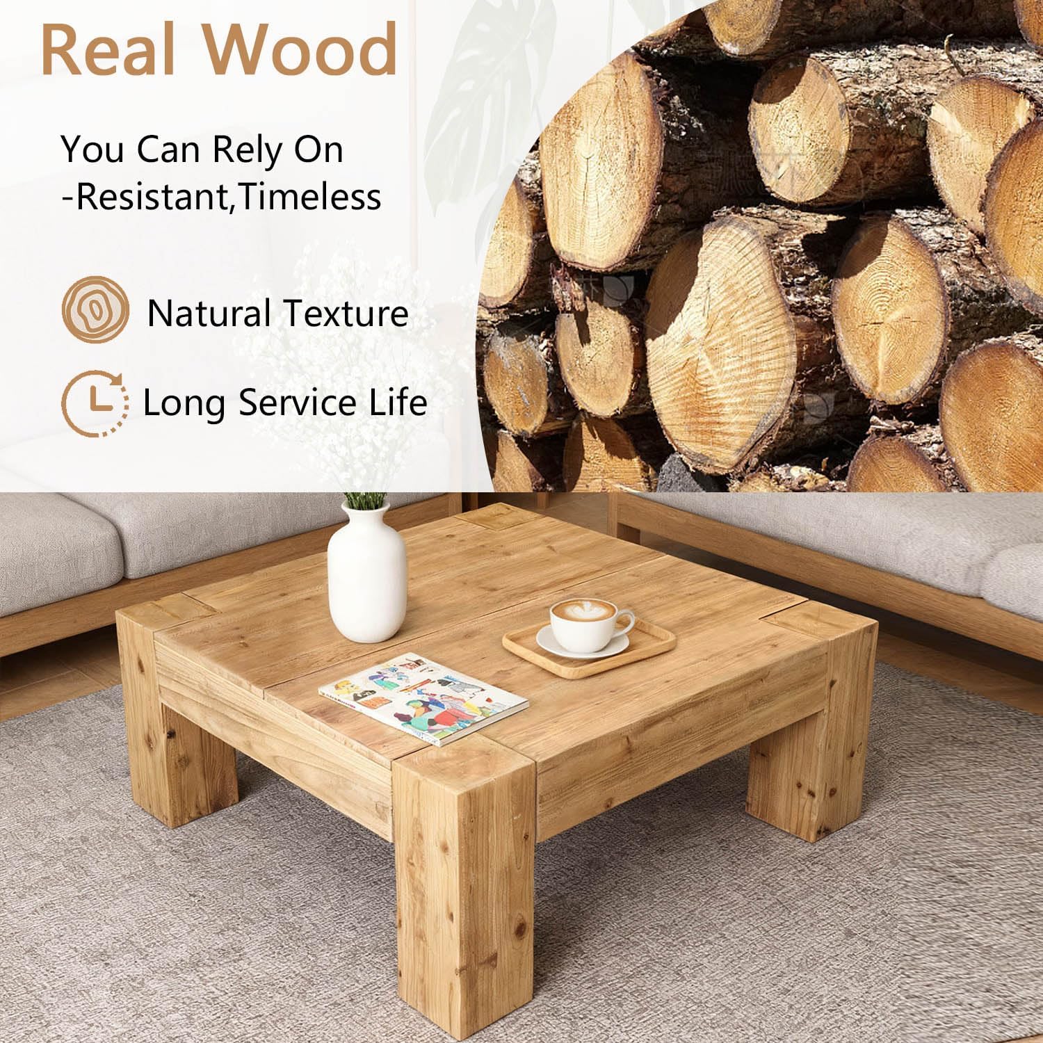 SSLine Solid Wood Coffee Table 39.4-Inch Square Coffee Table for Living Room,Farmhouse Cocktail Center Tables with Thicken Top and Sturdy Legs,Natural Brown