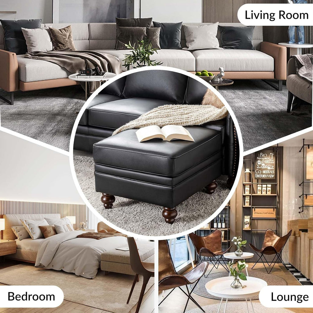 HULALA HOME Genuine Leather Ottoman Coffee Table, Ottoman Foot Rest for Living Room, Black