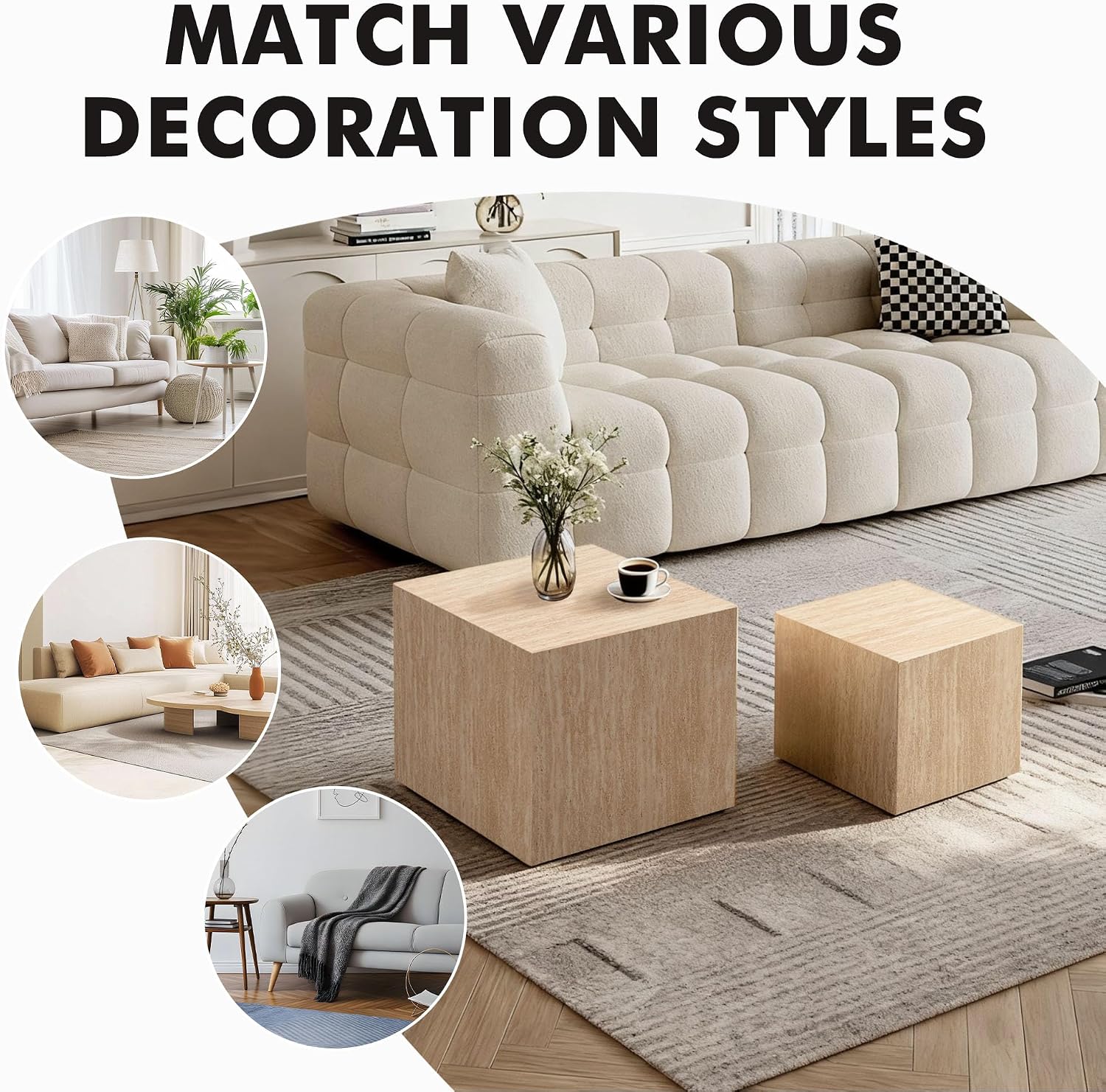 Square Nesting Tables for Living Room, Set of 2, Wood Travertine Veneer Nesting Coffee Table Mid Century Modern Small Accent Center End and Side Table Sets for Farmhouse Apartment Office