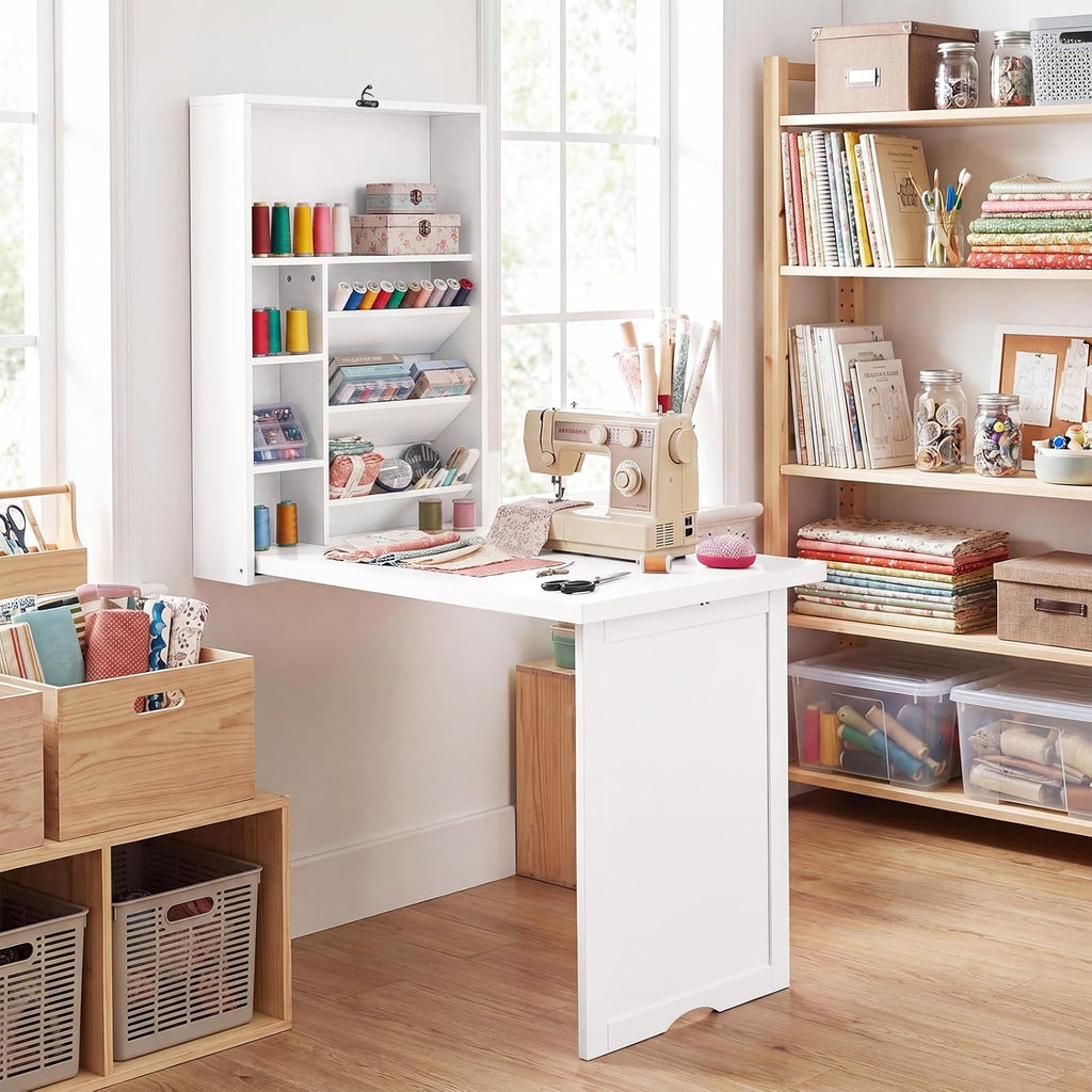Tangkula Folding Wall Mounted Desk, Convertible Fold Out Floating Table with Storage Shelves, Space-Saving Drop Leaf Table, Murphy Desk for Craft, Study, Small Spaces, Home Office, Dorm, White