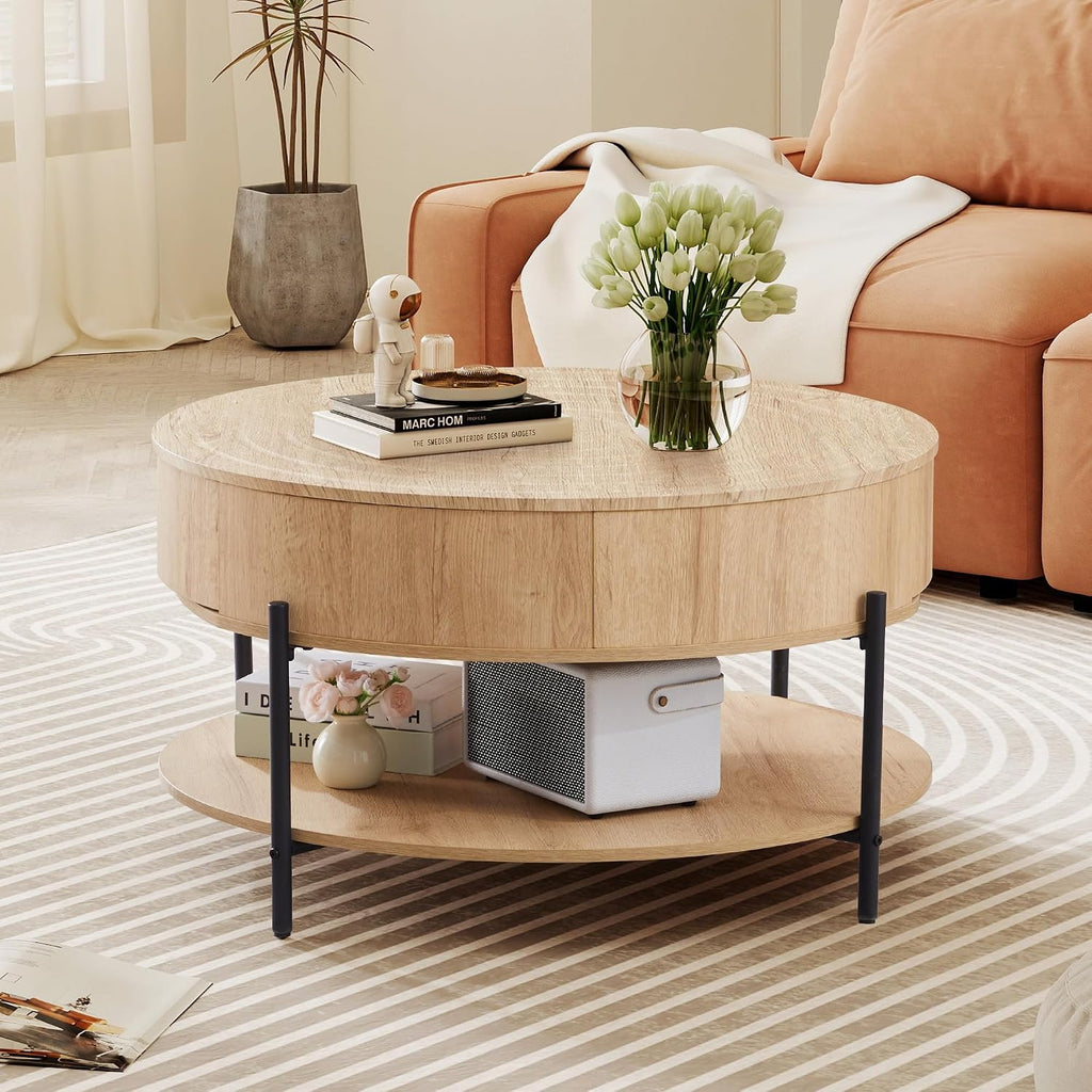 RARZOE 30.5' Round Coffee Table with Storage, Wooden Circle Coffee Table with Drawer, Storage Shelf, Metal Legs，Small Dining Table Accent Center Table for Living Room Home Office Apartment,Natural