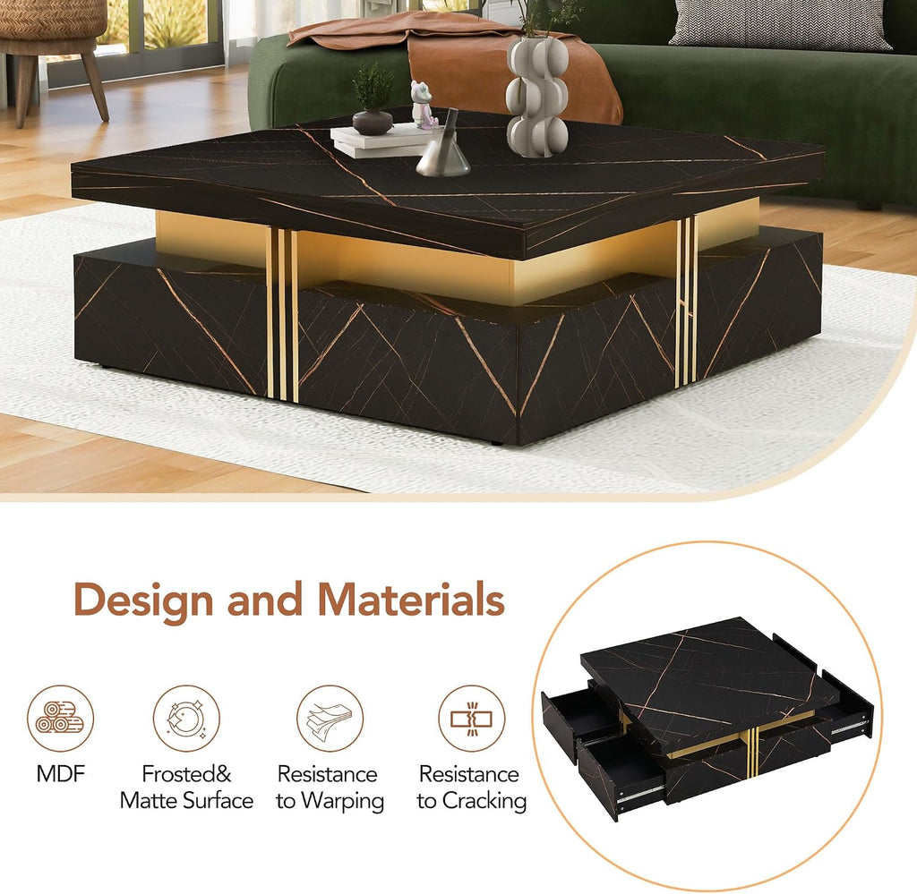 Modern Black Square Storage Coffee Table with 4 Drawers for Living Room