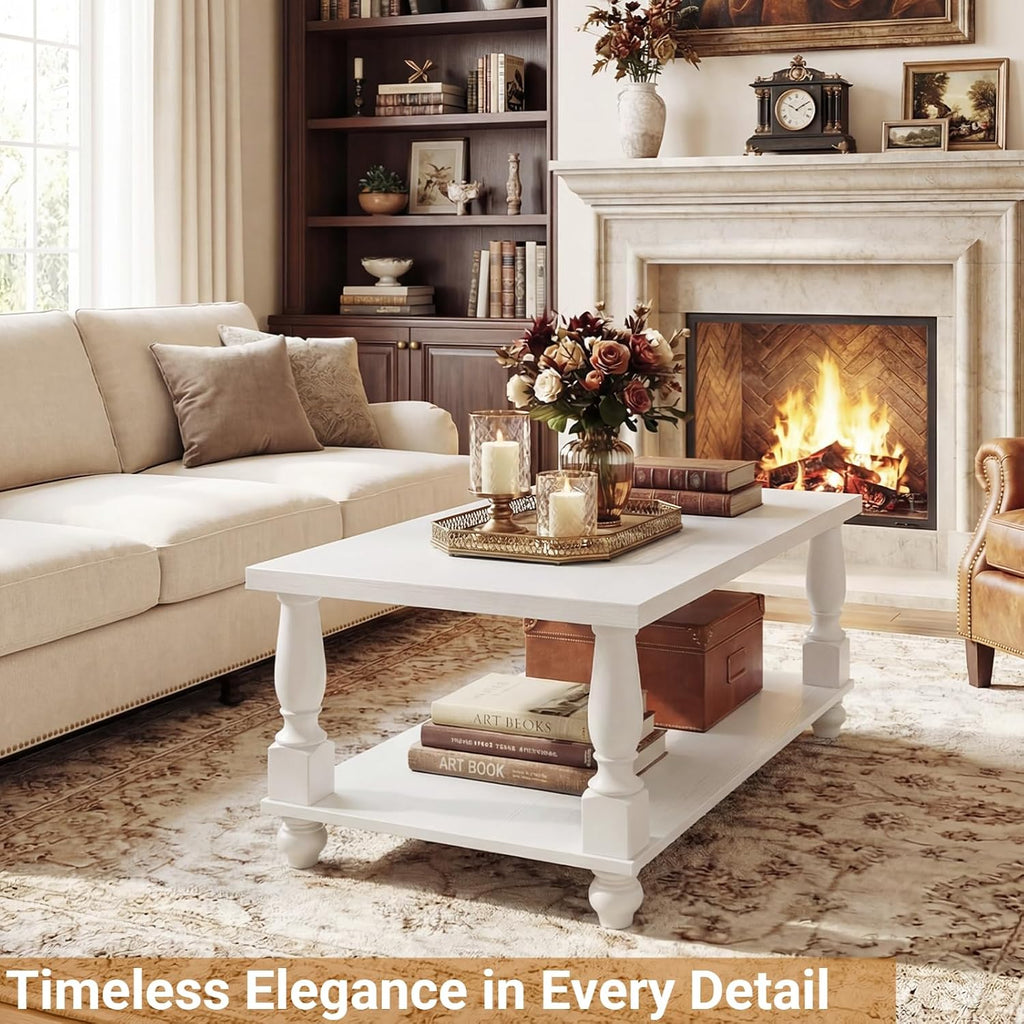 Homieasy Farmhouse Coffee Table with Storage, 47' Rectangular Living Room Center Table with Solid Wood Legs and Thickened Top, 2-Tier Wood Coffee Table with Turned Legs, Easy Assembly, White