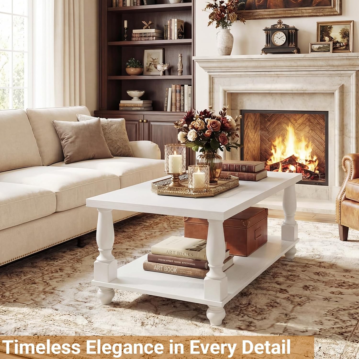 Homieasy Farmhouse Coffee Table with Storage, 47' Rectangular Living Room Center Table with Solid Wood Legs and Thickened Top, 2-Tier Wood Coffee Table with Turned Legs, Easy Assembly, White