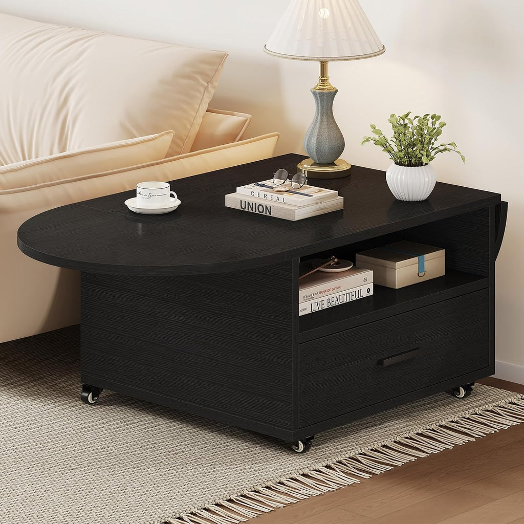 IBF Black Coffee Table with Drawer, Oval Foldable Center Table with Storage, Modern Wood Living Room Table with Wheels, Multifunctional Extendable Tea Table for Home Bedroom Office, Black Oak, 47 Inch