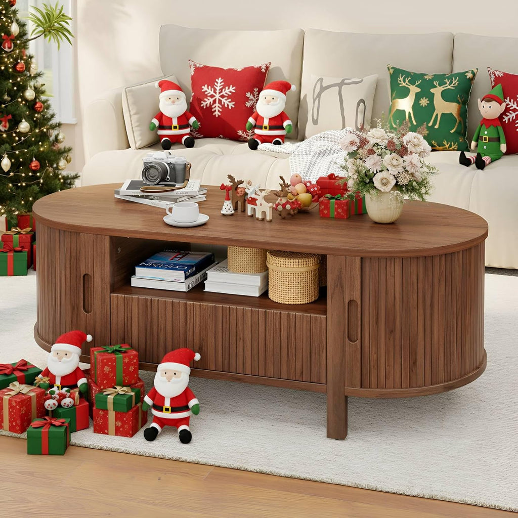 ComfyCorner 47' Oval Coffee Table, Tambour Design Coffee Tables for Living Room, Mid Century Modern Wood Coffee Table, 3-Tier Accent Center Table with Storage, Large Drawer, Walnut