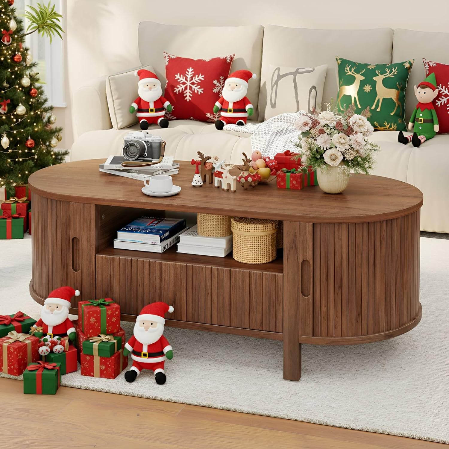 ComfyCorner 47' Oval Coffee Table, Tambour Design Coffee Tables for Living Room, Mid Century Modern Wood Coffee Table, 3-Tier Accent Center Table with Storage, Large Drawer, Walnut