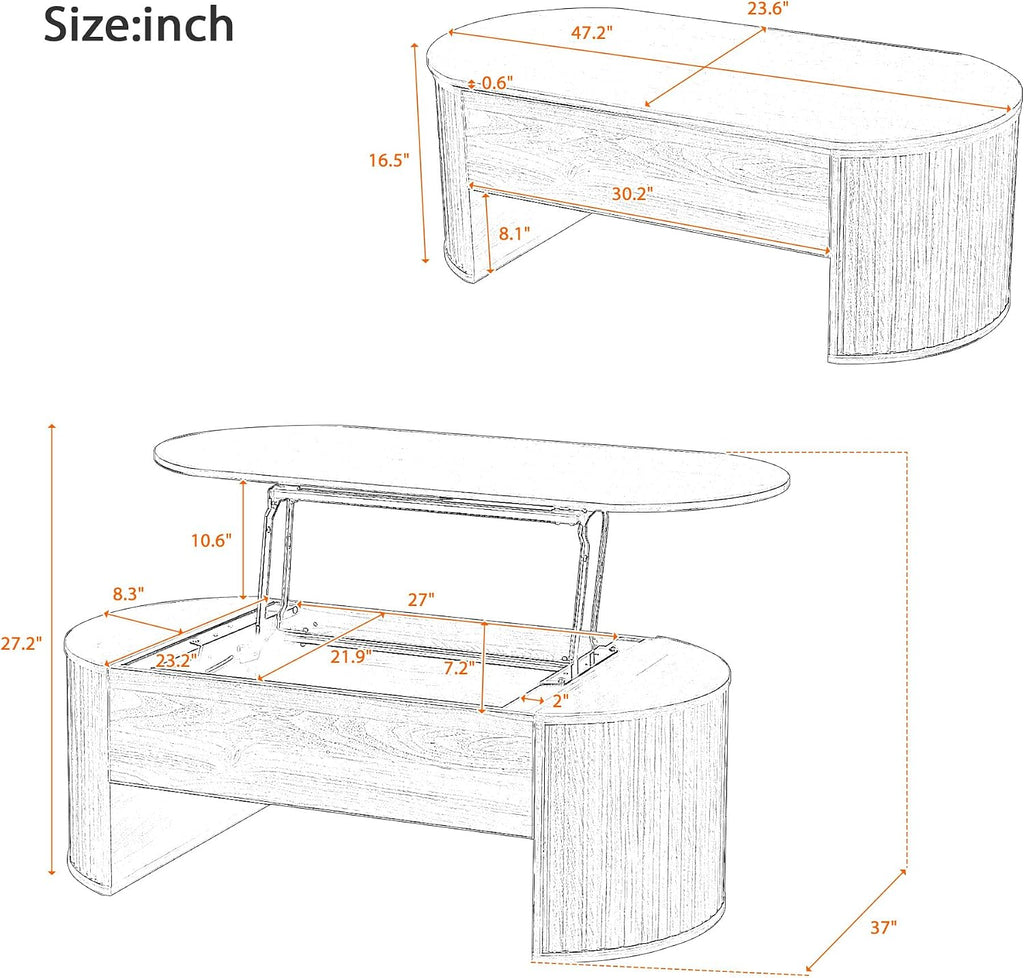 Oval Coffee Table with Lifting Top for Living Room Lift Up Coffee Table with Storage Modern Smart Coffee Tables with Lift Top Fluted Wooden Center Tables Light Brown 47.2'