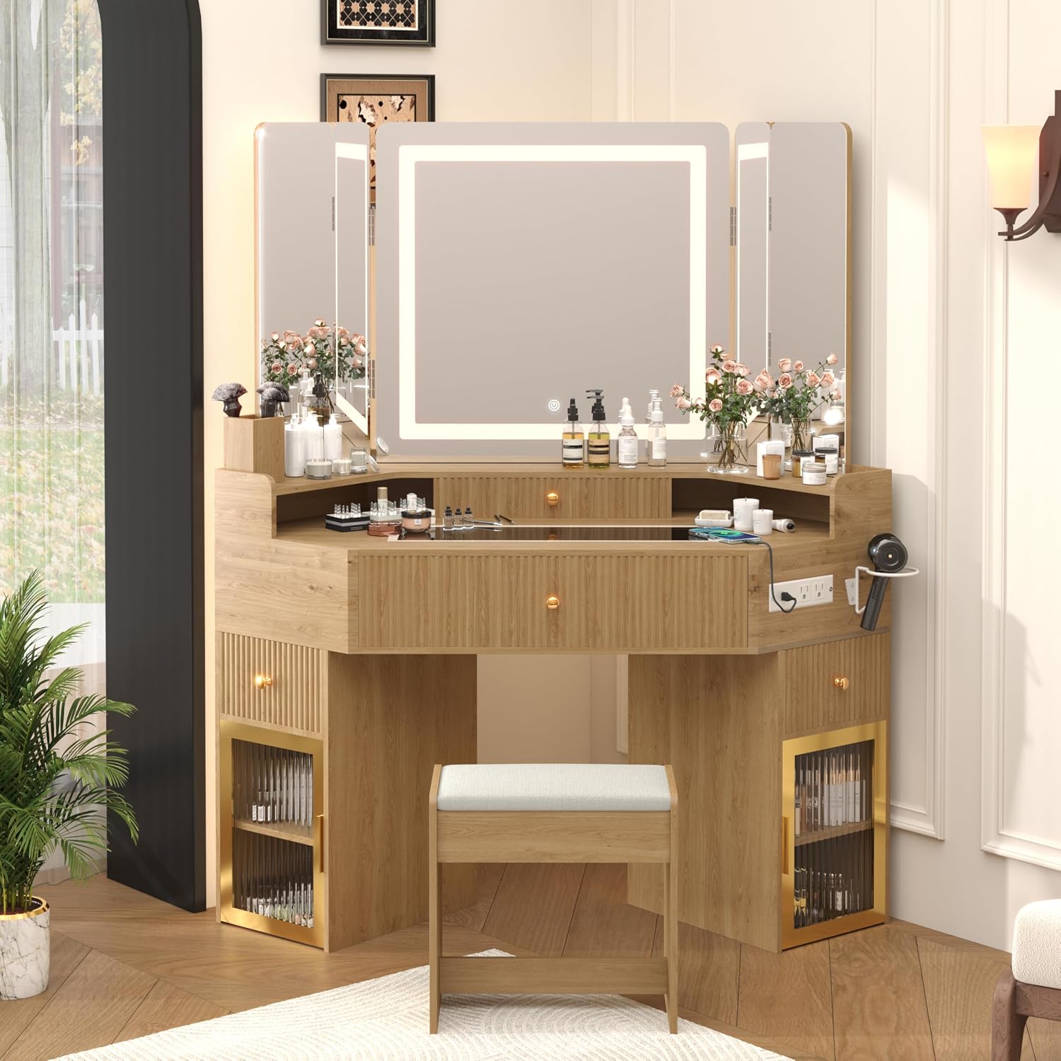 Corner Vanity Desk with 3-Way Mirror and Lights, Makeup Vanity Table with Large Drawer & Cabinets, Wooden Dresser for Bedroom with Glass Top, Power Outlet, Hair Dryer Holder & Stool (Wood)