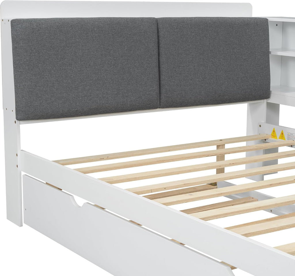 Full Size Bed with Storage Headboard, Full Daybed with Trundle and L-Shaped Shelves, Solid Wood Corner Platform Bed Frame with Storage for Apartment Bedroom, White