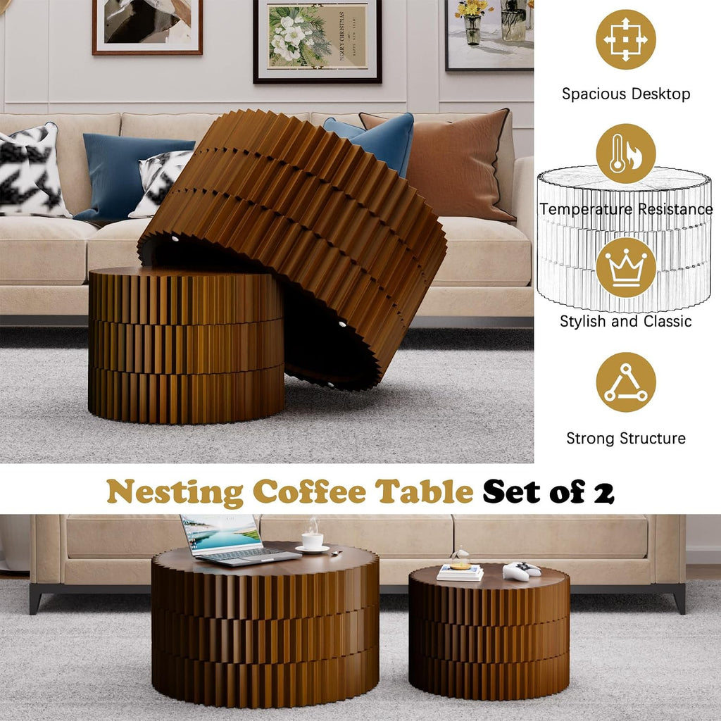 Round Nesting Coffee Table Set of 2 Fluted Coffee Tables Modern Drum Side End Table Wooden Circle Accent Side Table for Living Room Bedroom Balcony, No Assembly (Walnut 26.8'+19.7')