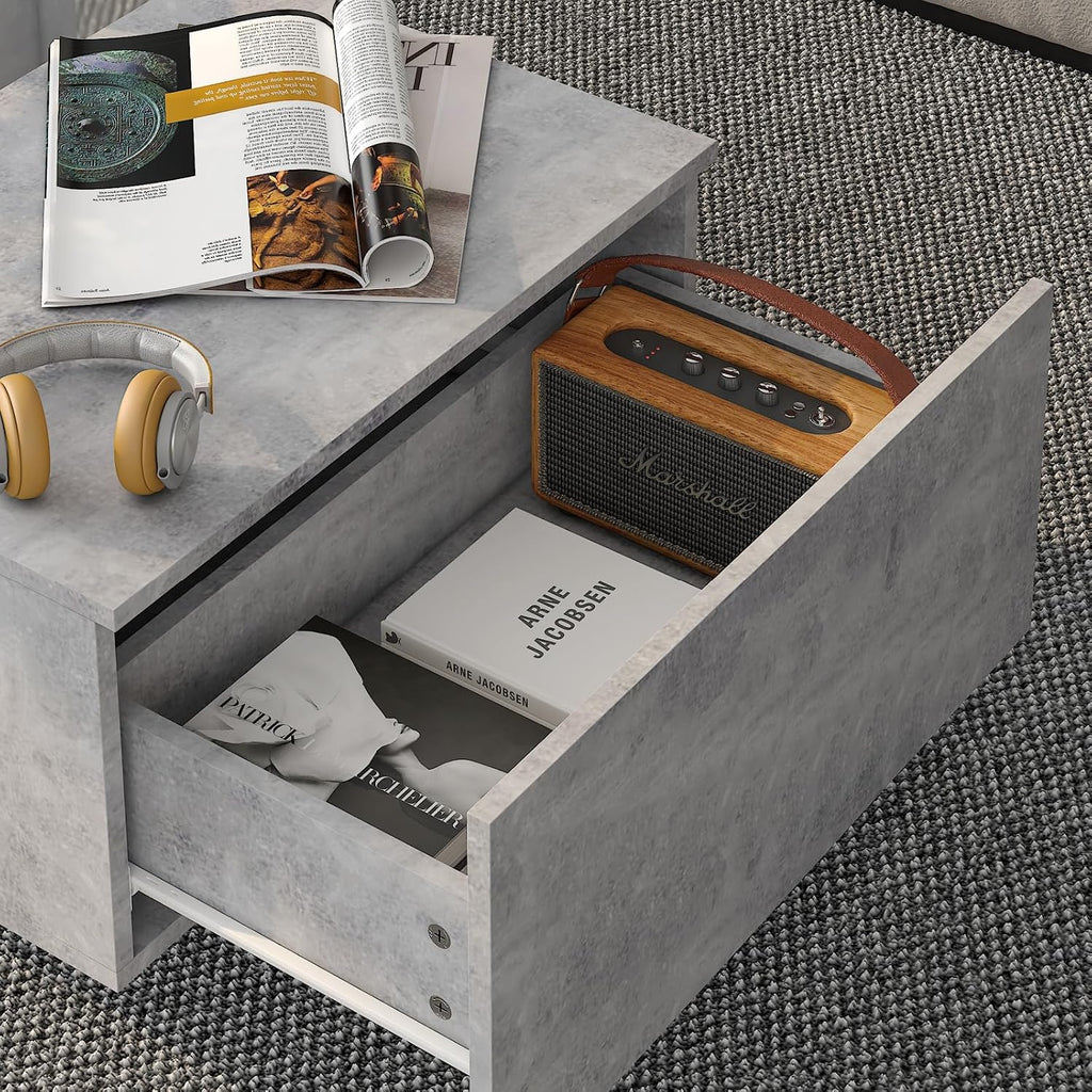 HedoAjim Grey Led Coffee Table for Living Room, Rectangular Living Room Table with Storage, Acrylic Coffee Tables with 2 Sliding Drawers, Wood Center Table for Reception Dinning Room