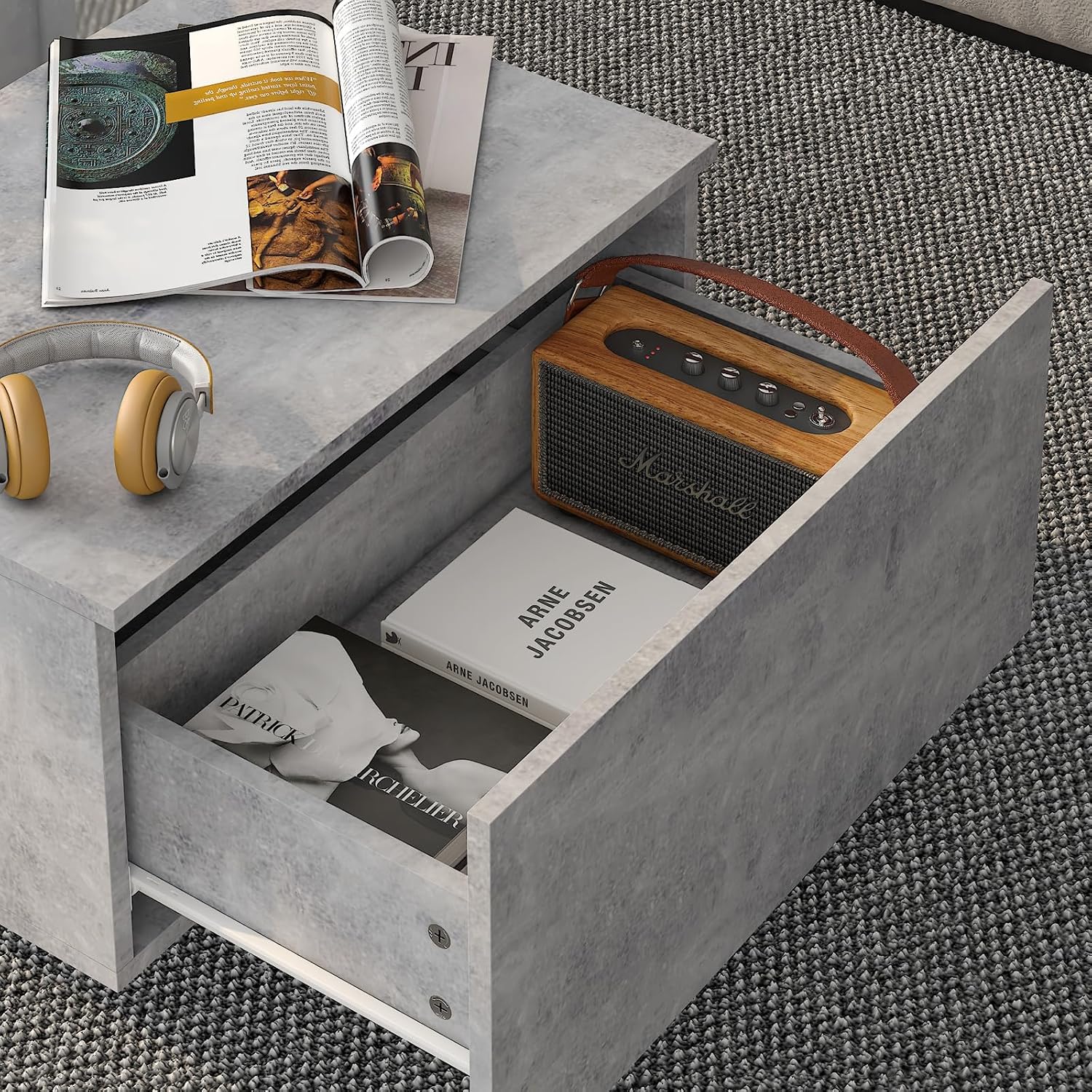 HedoAjim Grey Led Coffee Table for Living Room, Rectangular Living Room Table with Storage, Acrylic Coffee Tables with 2 Sliding Drawers, Wood Center Table for Reception Dinning Room