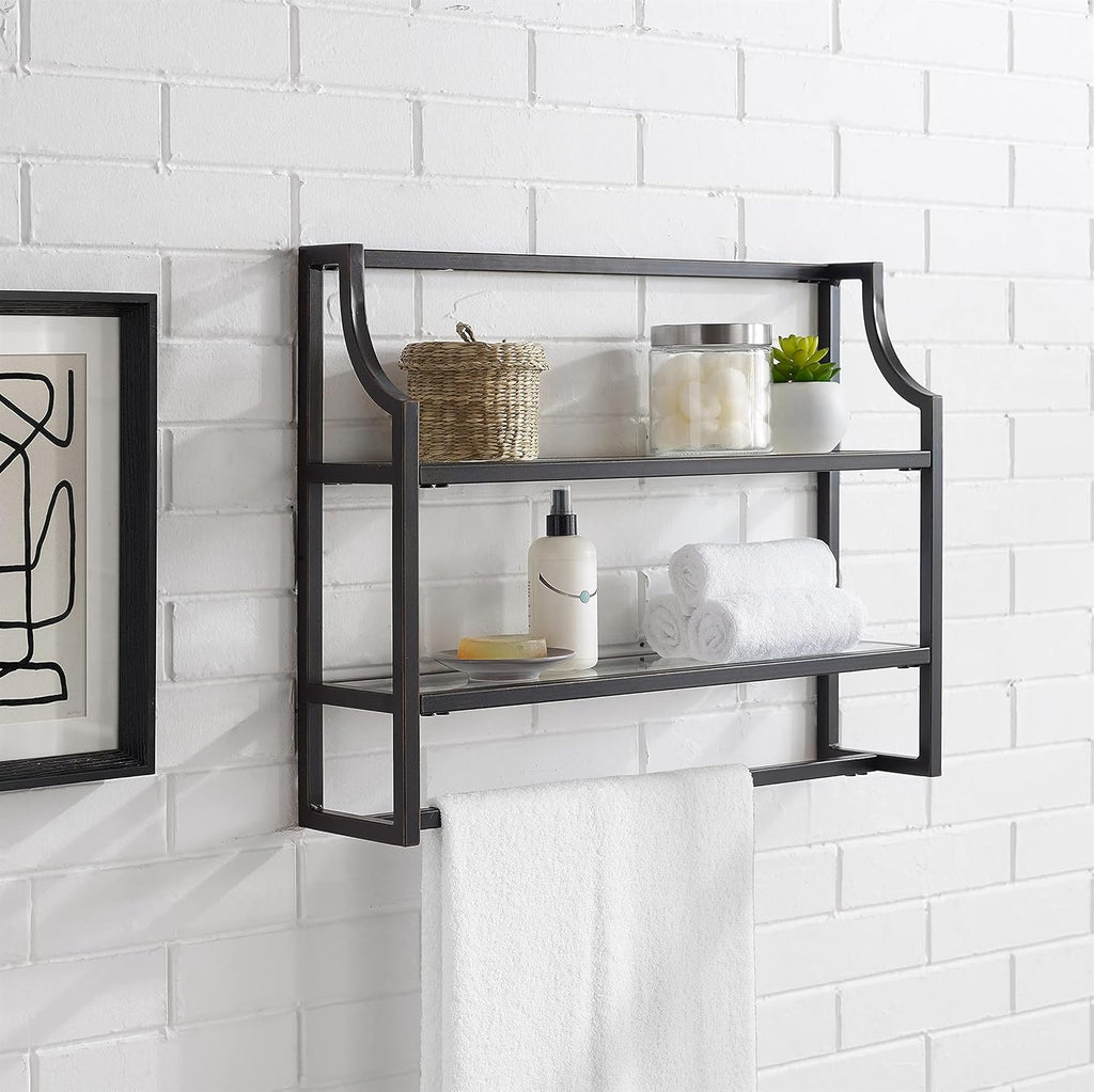 Afuera Living 2-Shelf Modern Metal Wall Shelf, Oil Rubbed Bronze Finish, Steel Frame with Tempered Glass Shelves, 19' H x 24' W x 6' D, Includes Towel Bar, Art Deco Bathroom Storage Display