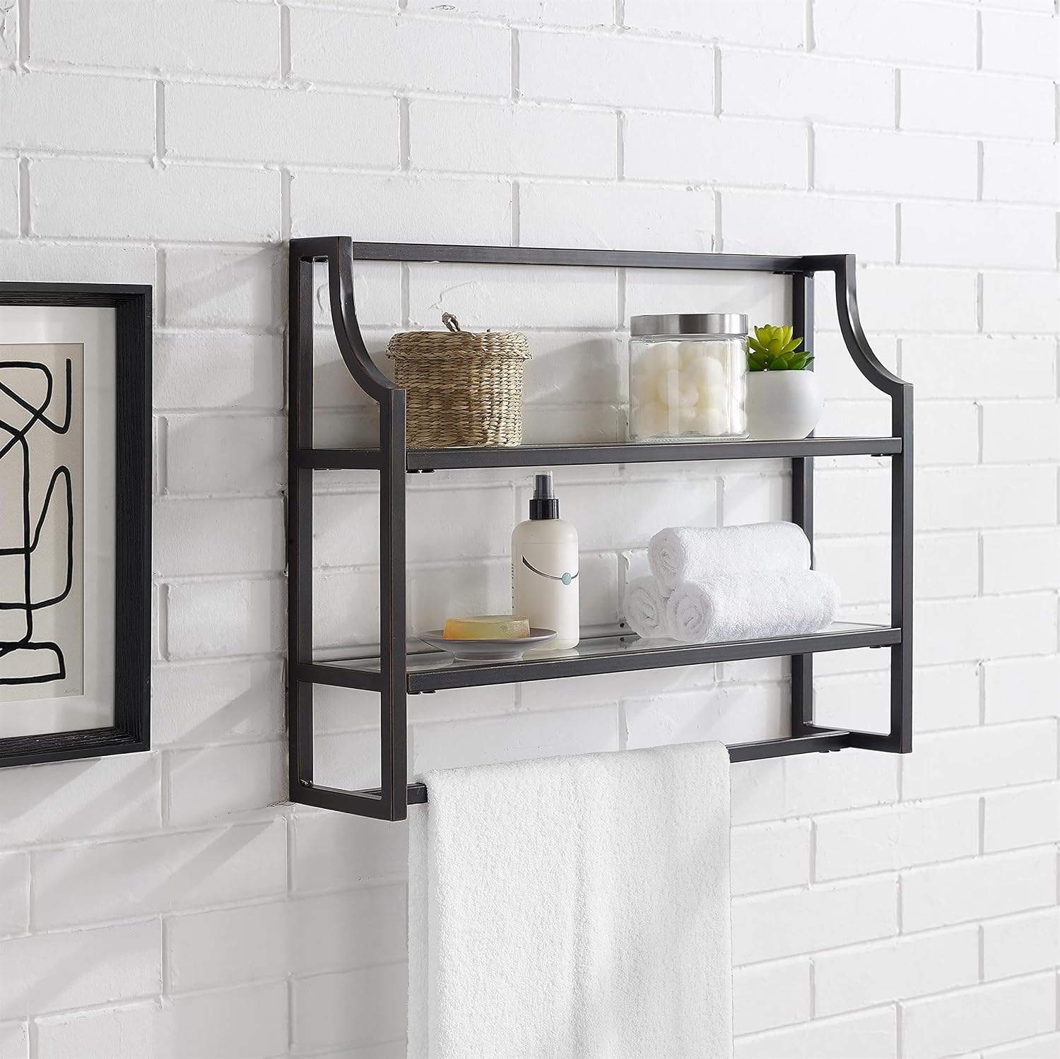 Afuera Living 2-Shelf Modern Metal Wall Shelf, Oil Rubbed Bronze Finish, Steel Frame with Tempered Glass Shelves, 19' H x 24' W x 6' D, Includes Towel Bar, Art Deco Bathroom Storage Display
