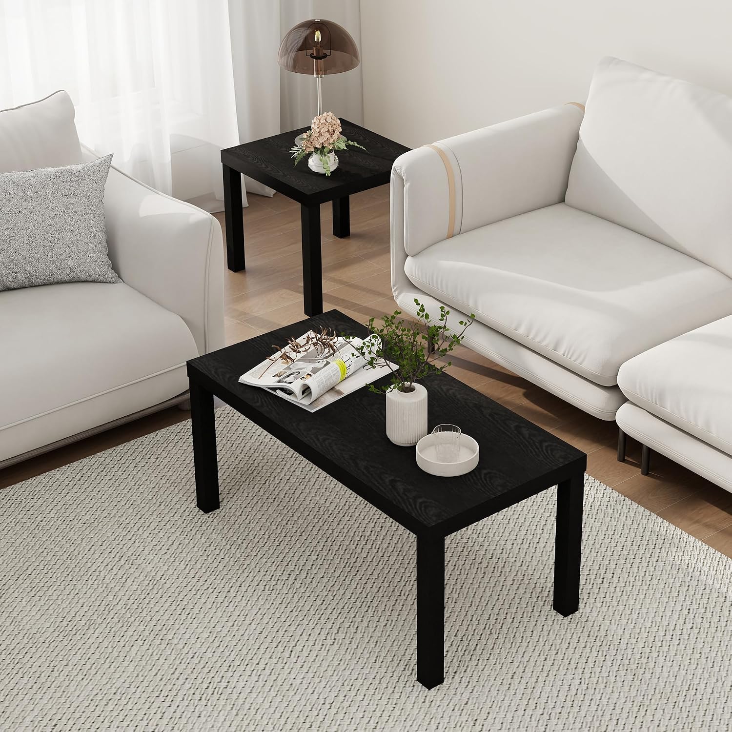 Modern 3 Piece Coffee Table Set, Rectangle Coffee Table with 2 Wood End Tables Thick Frame Living Room Table Sets for Small Spaces