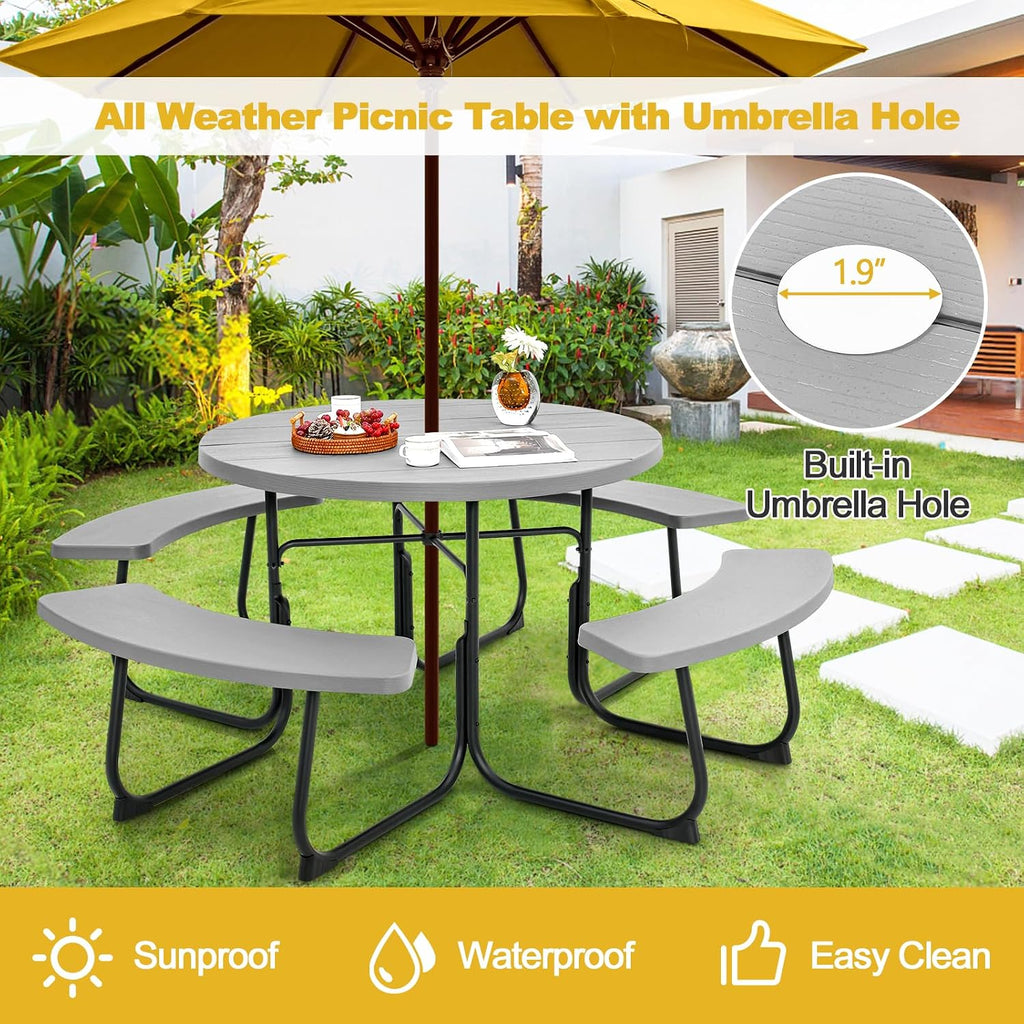 Tangkula 8 Person Picnic Table, Outdoor Round Picnic Table with 4 Built-in Benches, Umbrella Hole, Metal Frame & HDPE Tabletop, Outside Table and Bench Set for Backyard, 2300lbs Weight Capacity