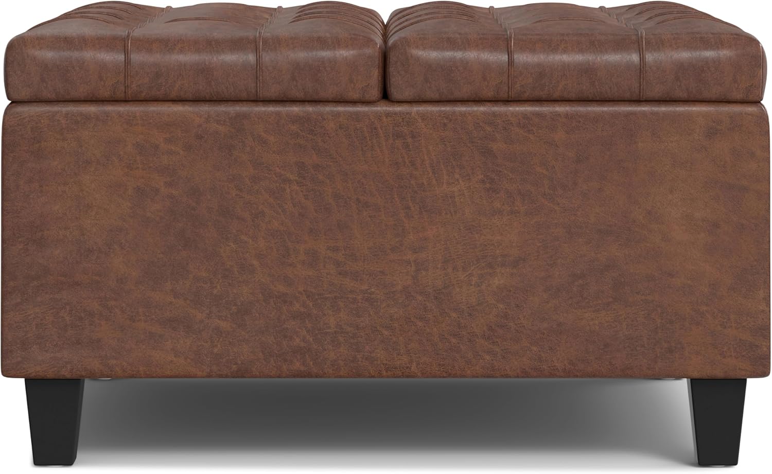 SIMPLIHOME Harrison Small Coffee Table Storage Ottoman - 30 inch Wide Upholstered Vegan Leather Square Lift-Top Ottoman in Distressed Saddle Brown, Transitional Ottoman for Living Room with Storage