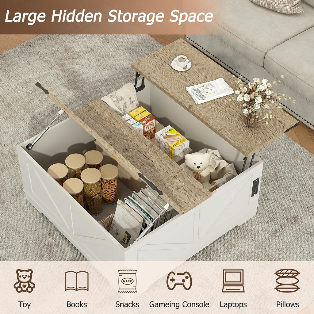 EAG 40' Large Farmhouse Lift Top Coffee Table with Hidden Compartment & Power Outlets, Square Wooden Coffee Table with Multi-Function Flip-Top Ample Storage Center Table for Living Room, White