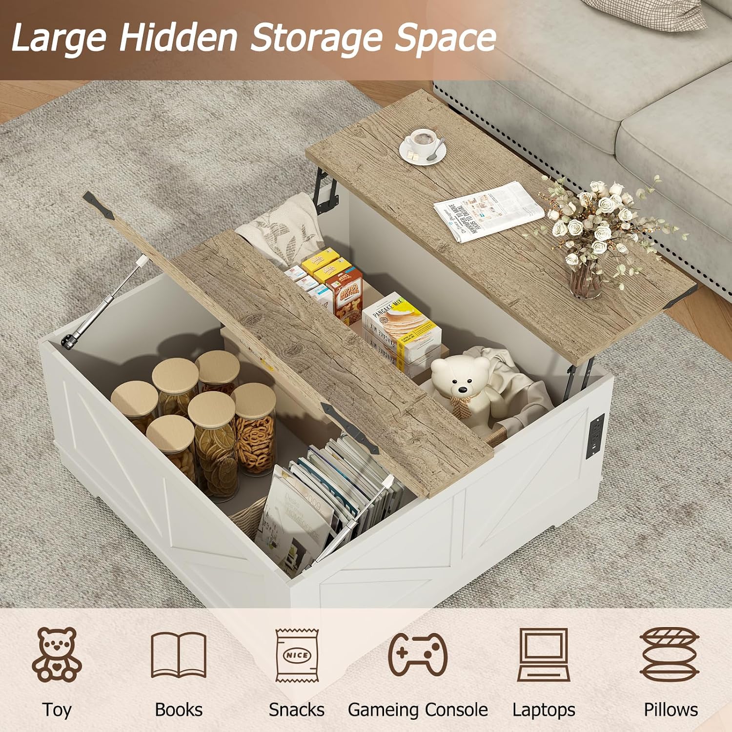 EAG 40' Large Farmhouse Lift Top Coffee Table with Hidden Compartment & Power Outlets, Square Wooden Coffee Table with Multi-Function Flip-Top Ample Storage Center Table for Living Room, White