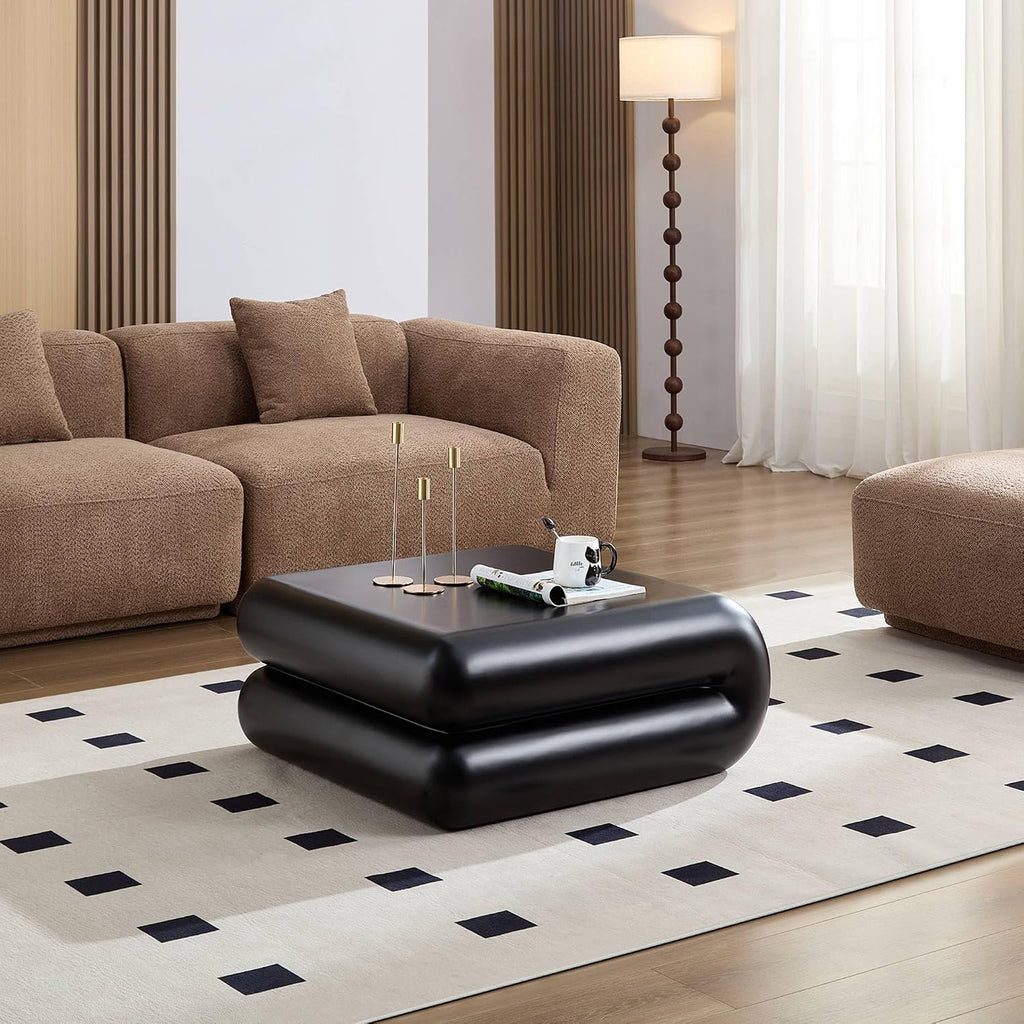 Square Coffee Tables for Living Room, Mid Century Modern Minimalist Side CoffeeTables Travertine Stone Pattern Accent End Table for Apartment, Office Fibgerglass Black
