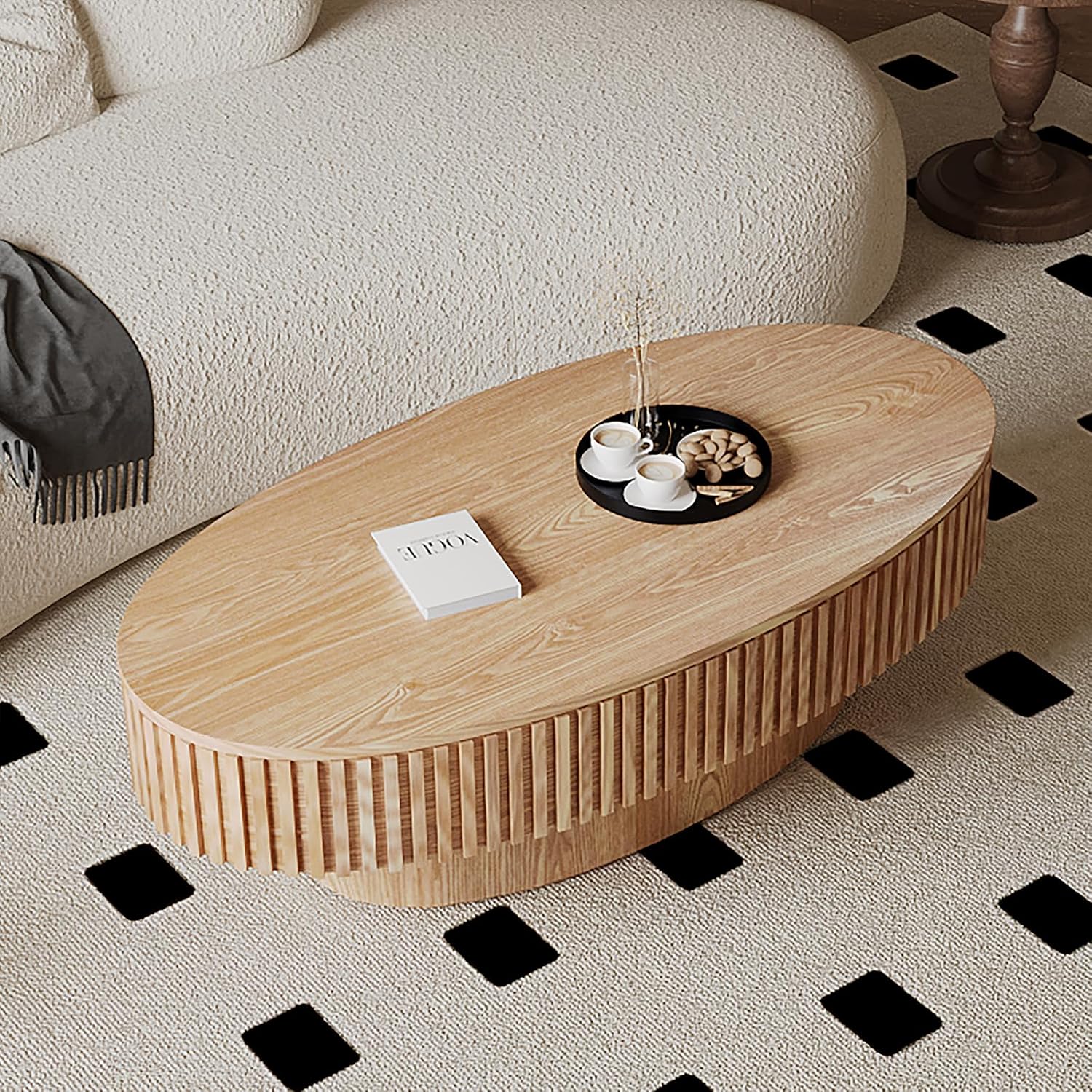Oval Coffee Table with Storage for Living Room Fluted Pedestal Coffee Table Modern Handcrafted Centre Table for Apartment, Easy Assembly 47.2'x23.6', Oak