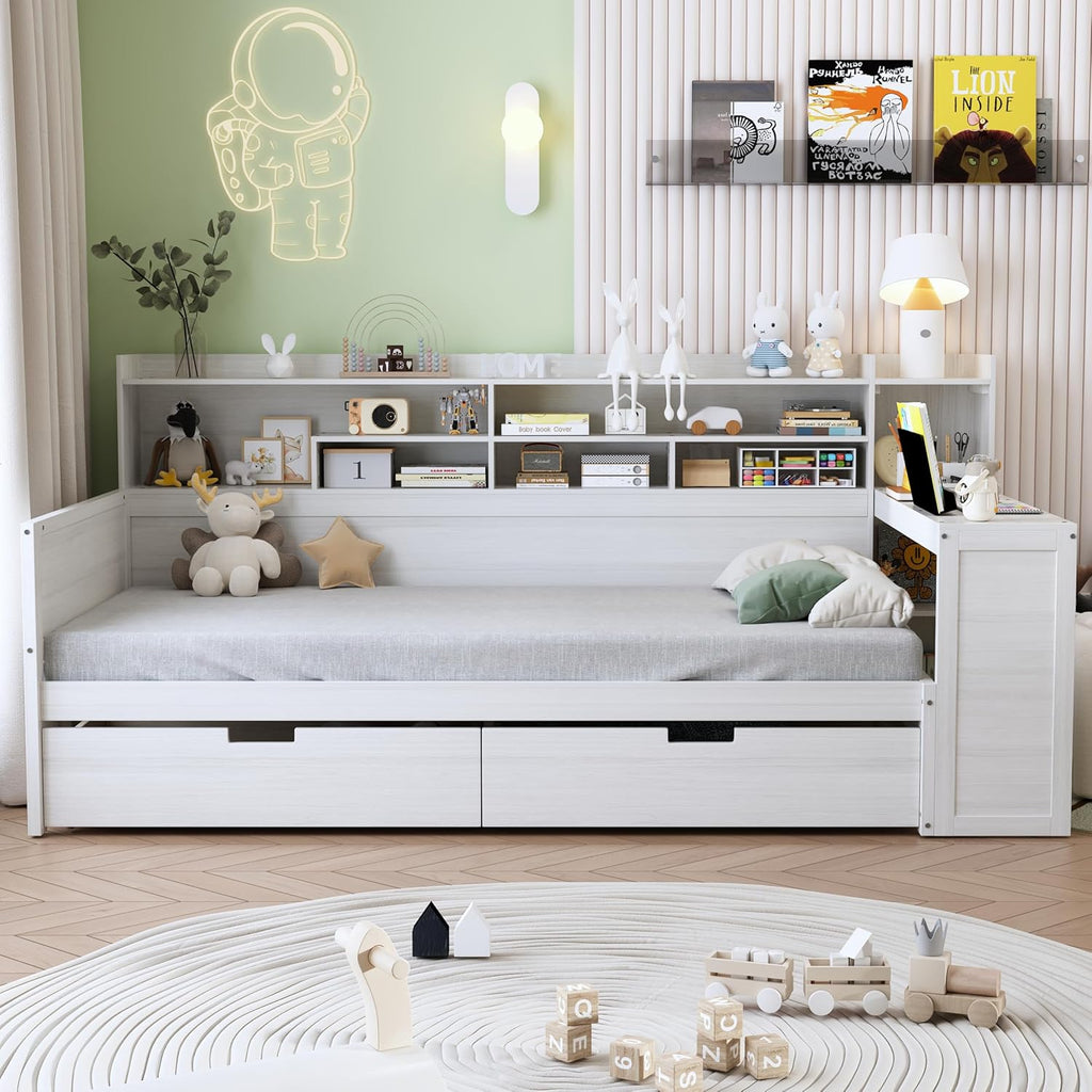 Twin Corner Bed Frame with Storage Shelves, L Shaped Bed with 2 Storage Drawers, Wooden Daybed with Study Desk, Corner Bed Frame Twin for Bedroom, for Kids and Teens, Antique White