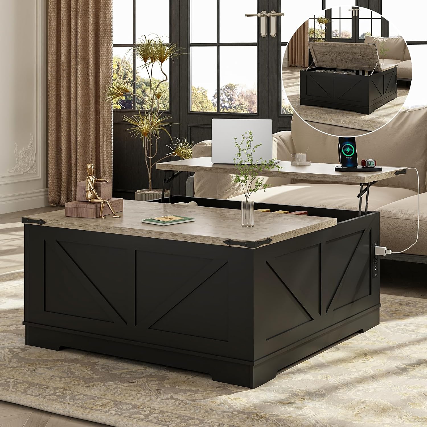 EAG 40' Large Farmhouse Lift Top Coffee Table with Hidden Compartment & Power Outlets, Square Wooden Coffee Table with Multi-Function Flip-Top Ample Storage Center Table for Living Room, Black