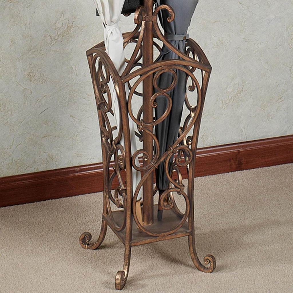 Touch of Class Kensington Coat and Hat Rack Stand, Antique Gold Finish | Metal Rack, Scrollwork Design, Eight Hanging Hooks, Bottom Umbrella Basket, Entryway Organization Solution