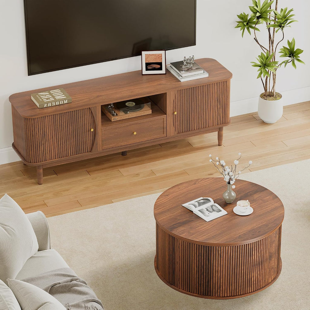 Lift Top Coffee Table, Fluted Round Coffee Table with Storage, Farmhouse Center Dining Table Circle Table for Living Room, Apartment, Home Office (Walnut)