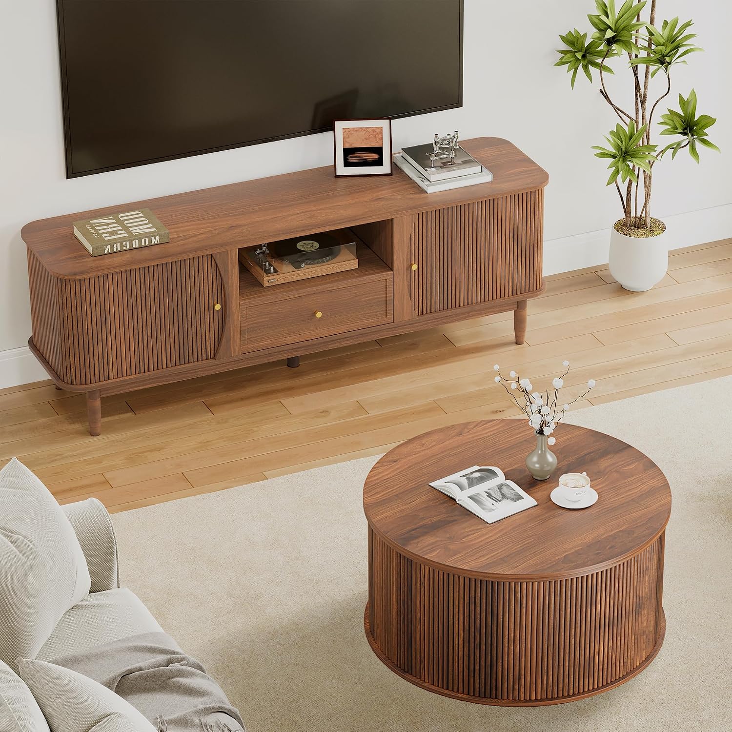 Lift Top Coffee Table, Fluted Round Coffee Table with Storage, Farmhouse Center Dining Table Circle Table for Living Room, Apartment, Home Office (Walnut)
