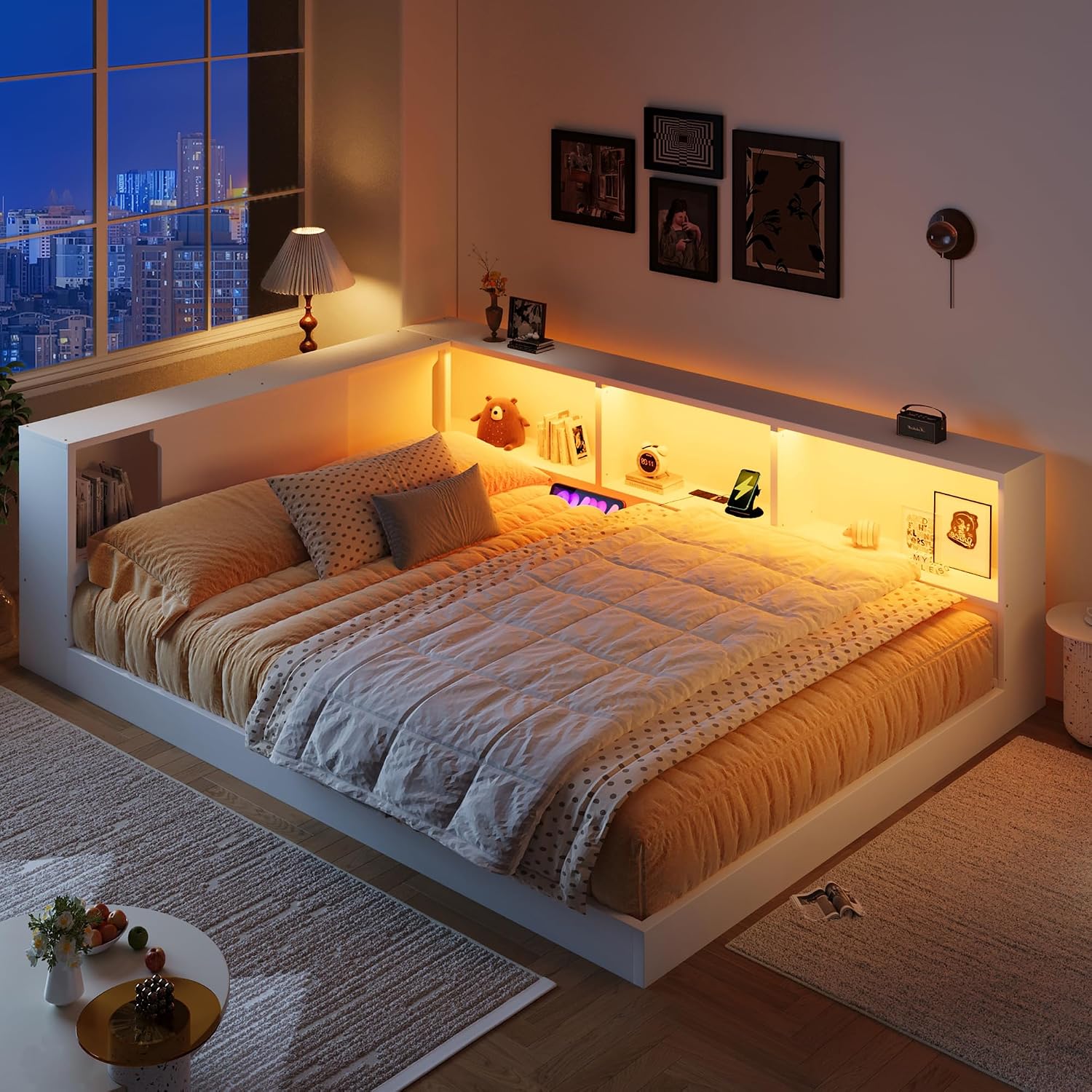 SOFTSEA Queen Size Daybed with Shelves, L-Shape Corner Bed Frame with LED and Storage, Wood Floor Daybed with LED for Kids, Teens & Adults, White