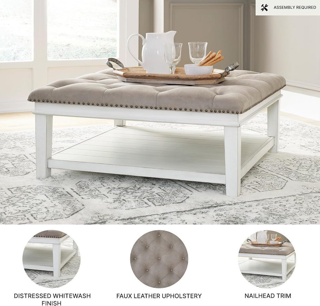 Signature Design by Ashley Kanwyn French Country Upholstered Square Ottoman Coffee Table, Whitewash