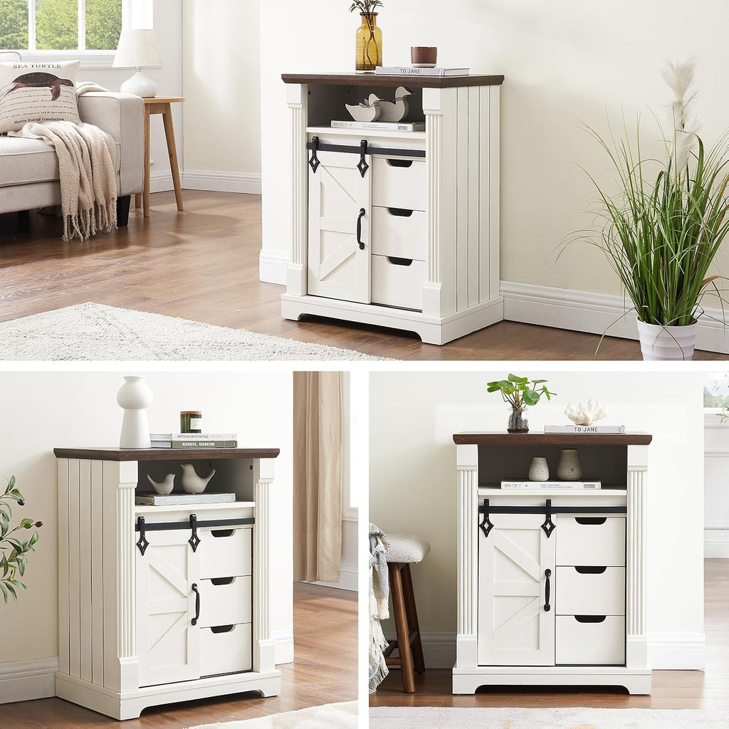 Minifeel Farmhouse Bathroom Cabinet, Freestanding Small Storage Cabinets with Barn Door and Three Drawers, Wooden Console Entryway Table with Roman Column for Kitchen, Living Room, laundry room, White