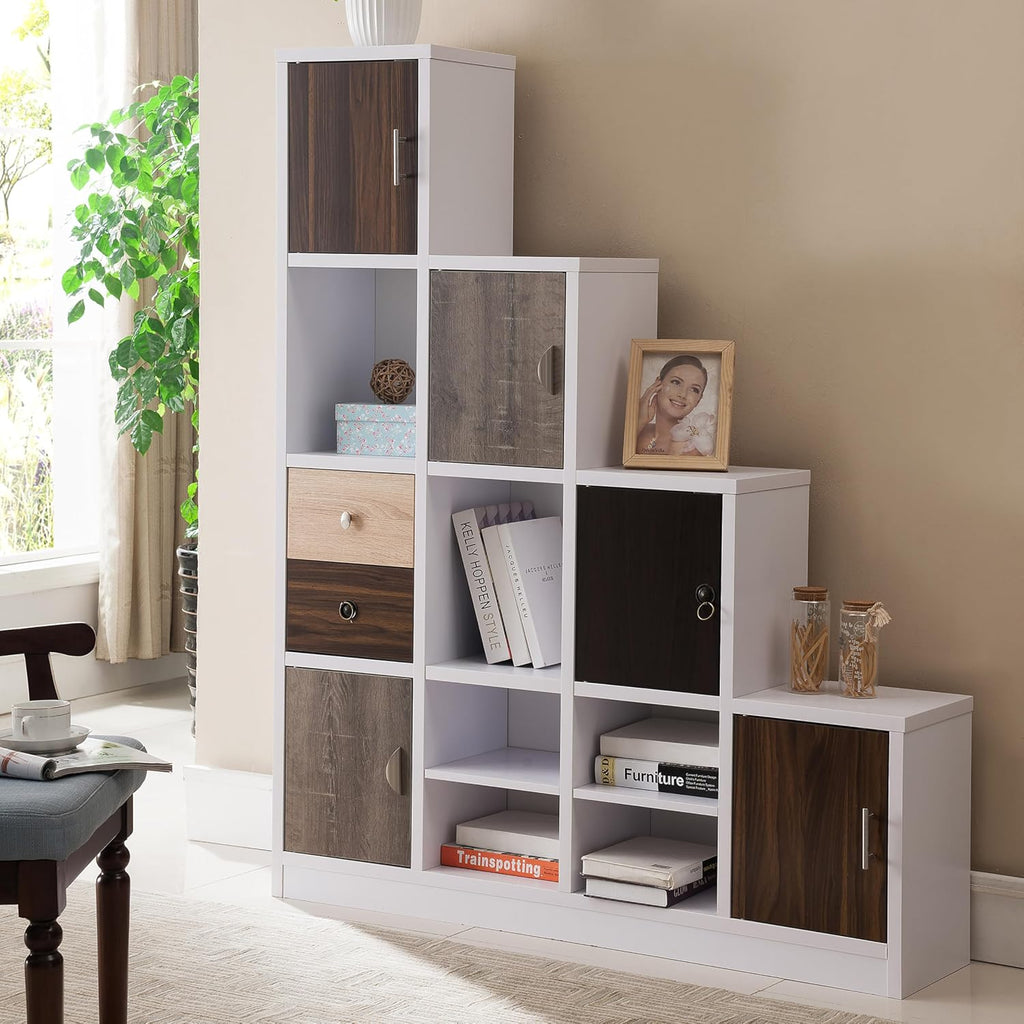 HOMES: Inside + Out Catrina Modern 10-Cube Storage Bookcase with Drawer, L Shaped Ladder Corner Staircase Display Shelves, 4-Tier Organizer Shelf for Living Room , Bedroom, Office, Apartment, White