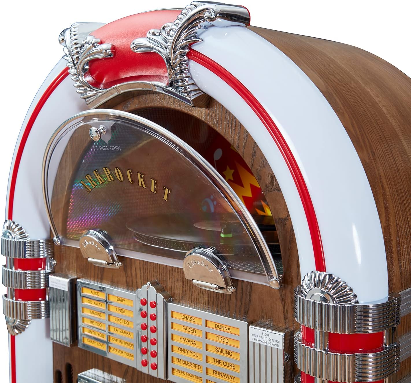 Arkrocket Saturn V Full Size Jukebox Vinyl Record Player Bluetooth USB SD CD Player Radio Retro Classic Jukebox (Saturn V + Stand - Oak)