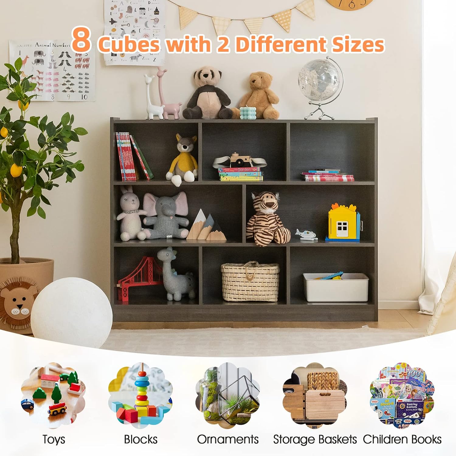 KOTEK Toy Storage Organizer, 8 Cubby Kids Bookshelf, Wooden 4-Tier Bookcase Storage Cabinet, Open Display Book Shelf for Daycare, Nursery, School, Classroom, Playroom (Grey, 8 Cubes)