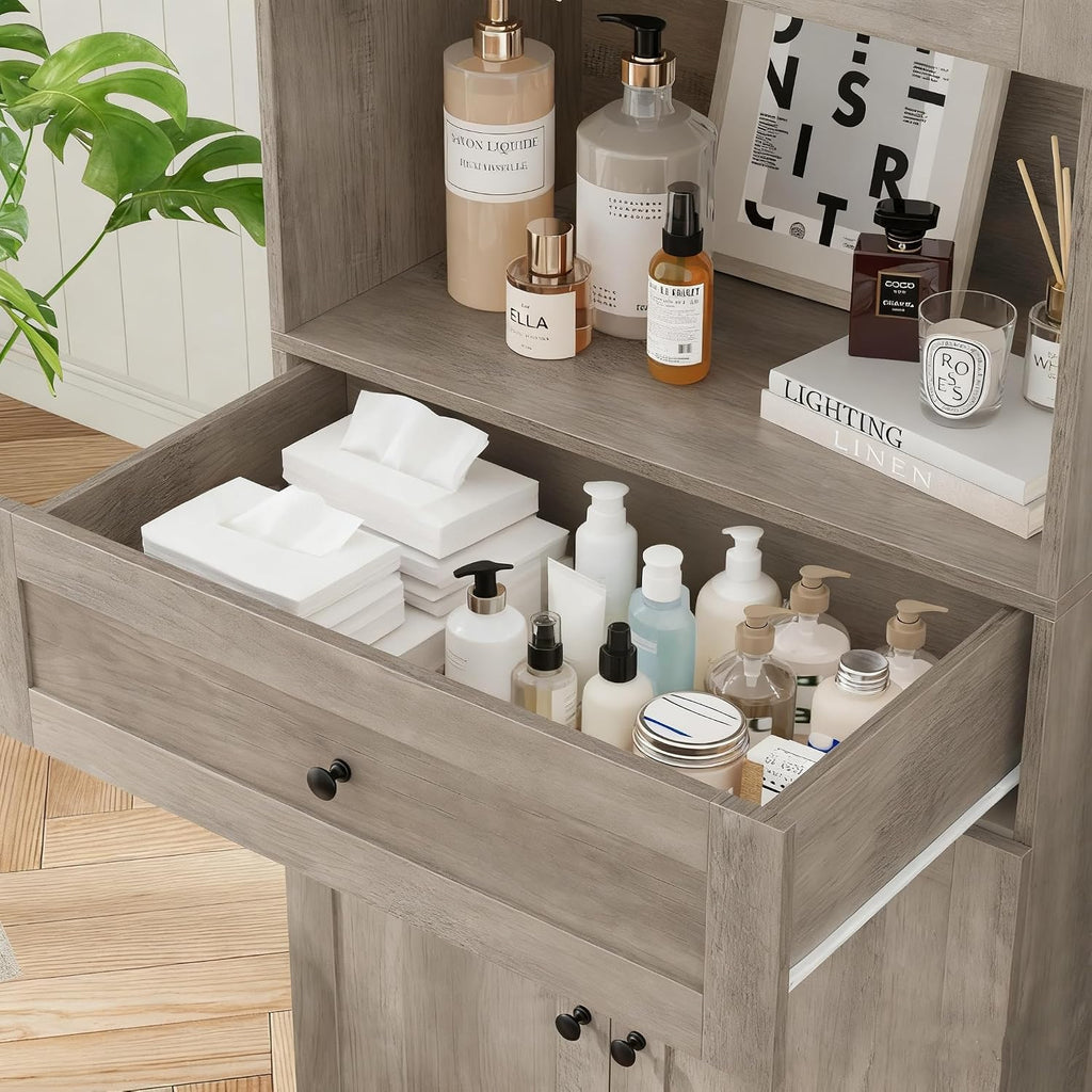 Tall Bathroom Storage Cabinets with Drawer, Farmhouse Linen Cabinet with Doors & Shelves, 67' Tall Storage Cabinet Freestanding for Bathroom, Dining Room, Kitchen, Pantry, Laundry, Narrow Corner,Brown