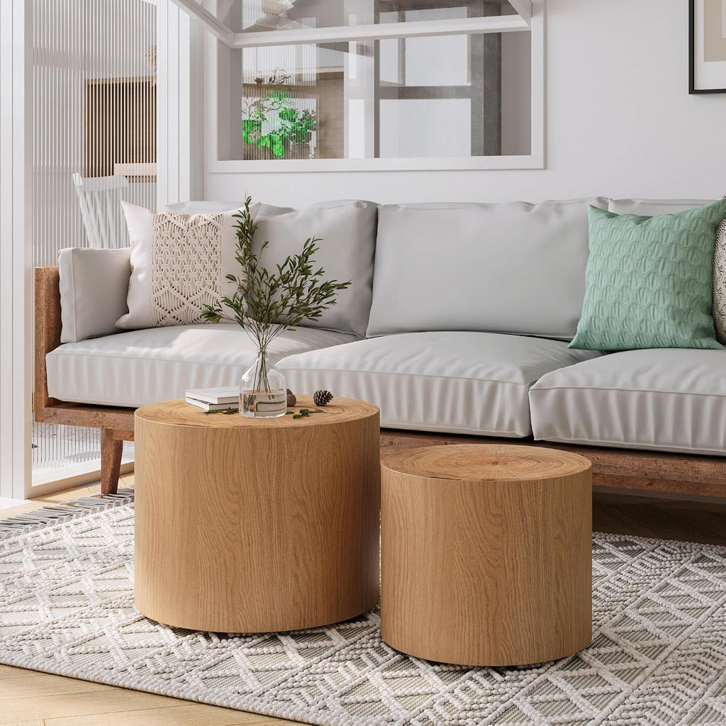 WILLIAMSPACE 18.9' Round Nesting Coffee Table Set of 2, Modern Wooden Coffee Tables Small Circle Center Table for Living Room, Accent End Table Set, No Assembling (Natural Wood)