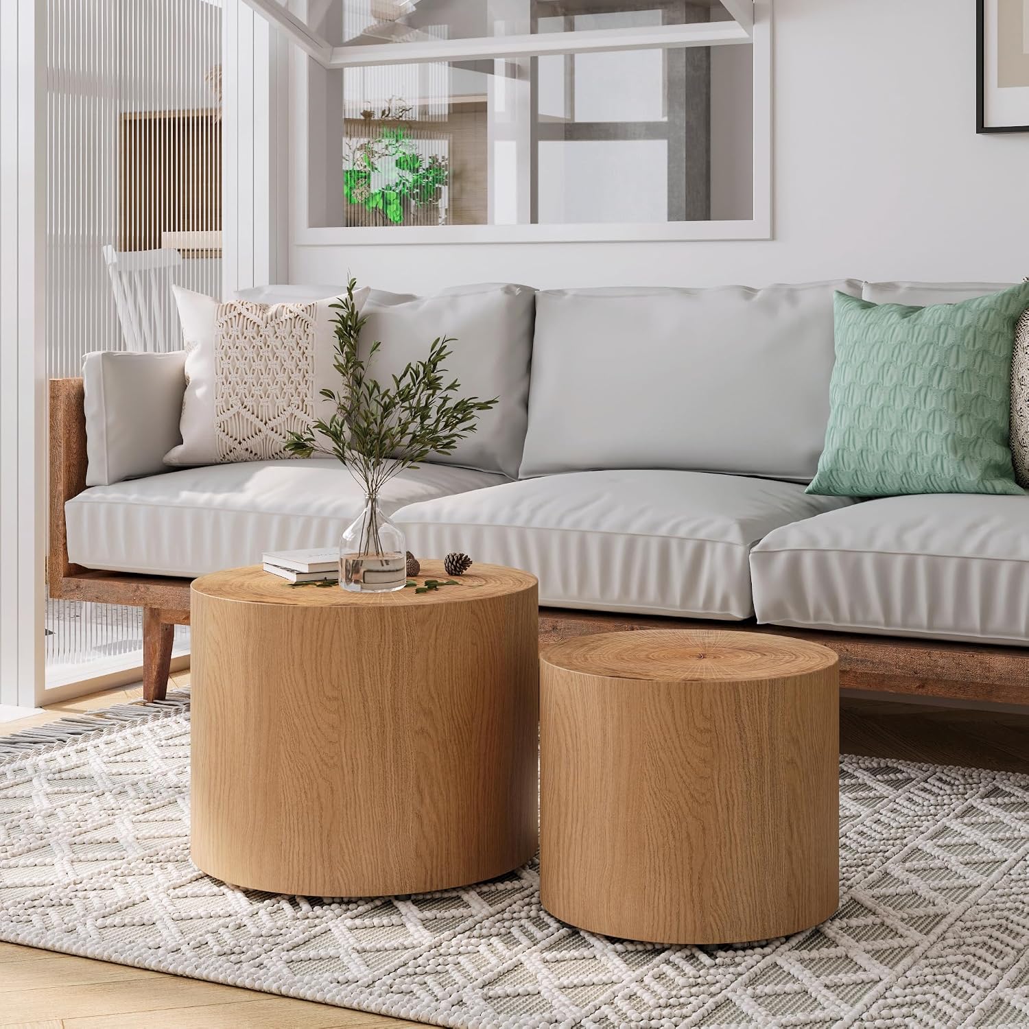 WILLIAMSPACE 18.9' Round Nesting Coffee Table Set of 2, Modern Wooden Coffee Tables Small Circle Center Table for Living Room, Accent End Table Set, No Assembling (Natural Wood)
