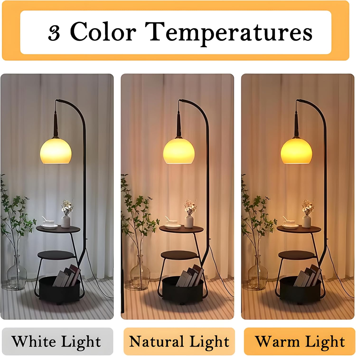 Bofea-Modern Orange Floor Lamp for Living Room,Mid Century Tall Lamps with Tea Table & Storage Bucket,Fishing Standing Lamp with Glass Lampshade,Mid Century Floor Lamp for Bedroom Corner.