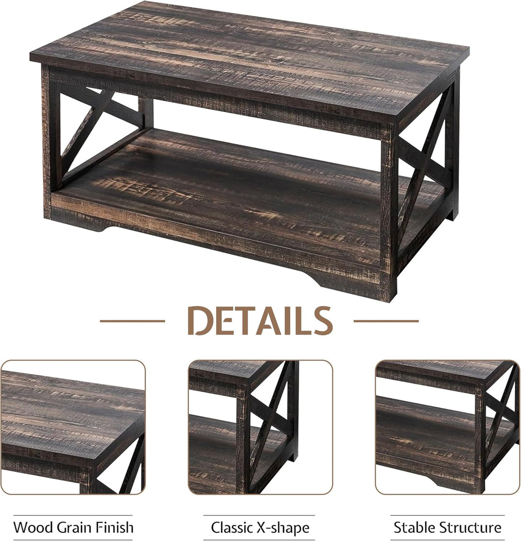LUXOAK 3-Piece Farmhouse Living Room Table Sets, Includes 1 x Coffee Table, 2 x End Tables with Charging Station & USB Ports, Rustic Coffee Table Set of 3, Black Oak